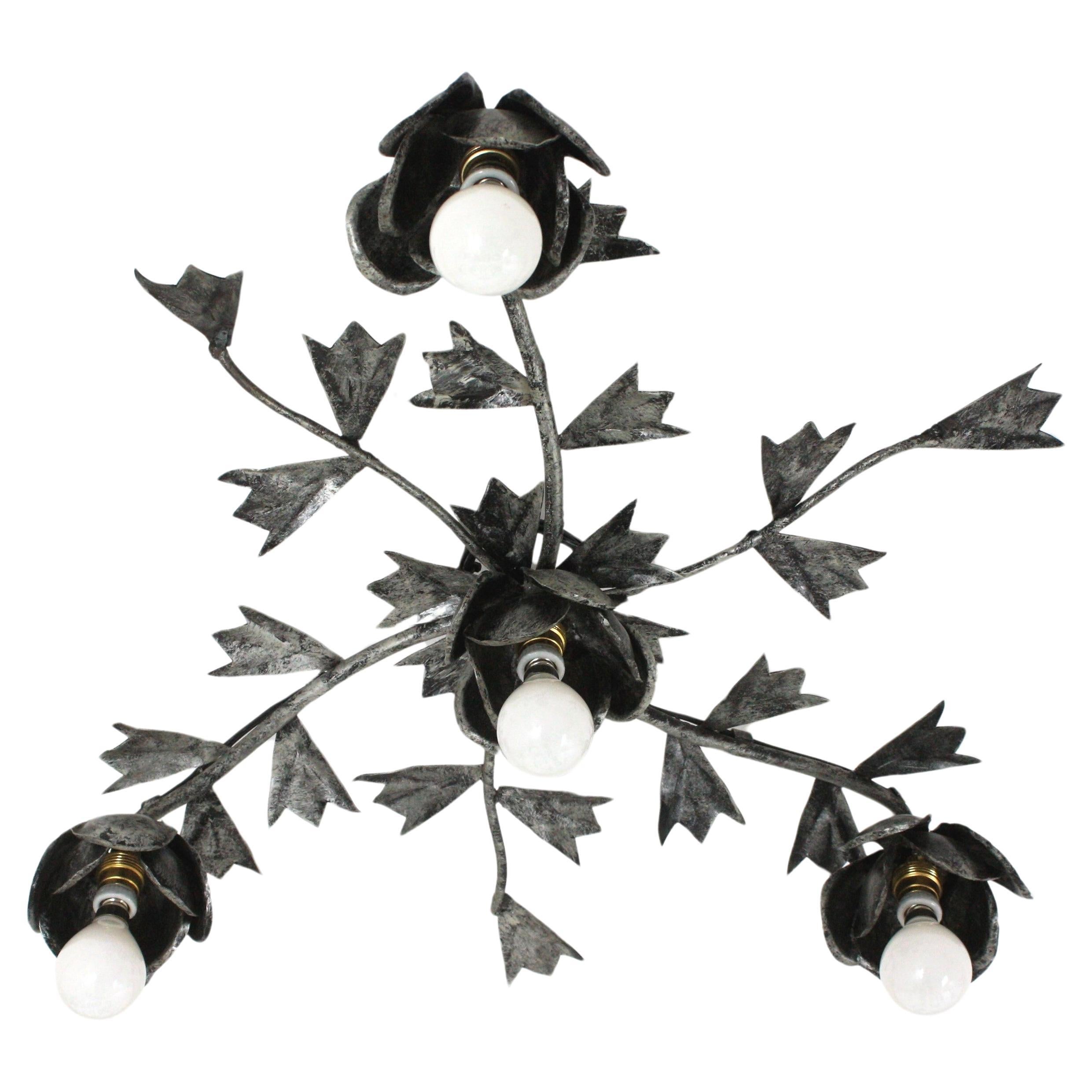 Spanish Foliage Floral Starburst Light Fixture / Chandelier in Silvered Iron