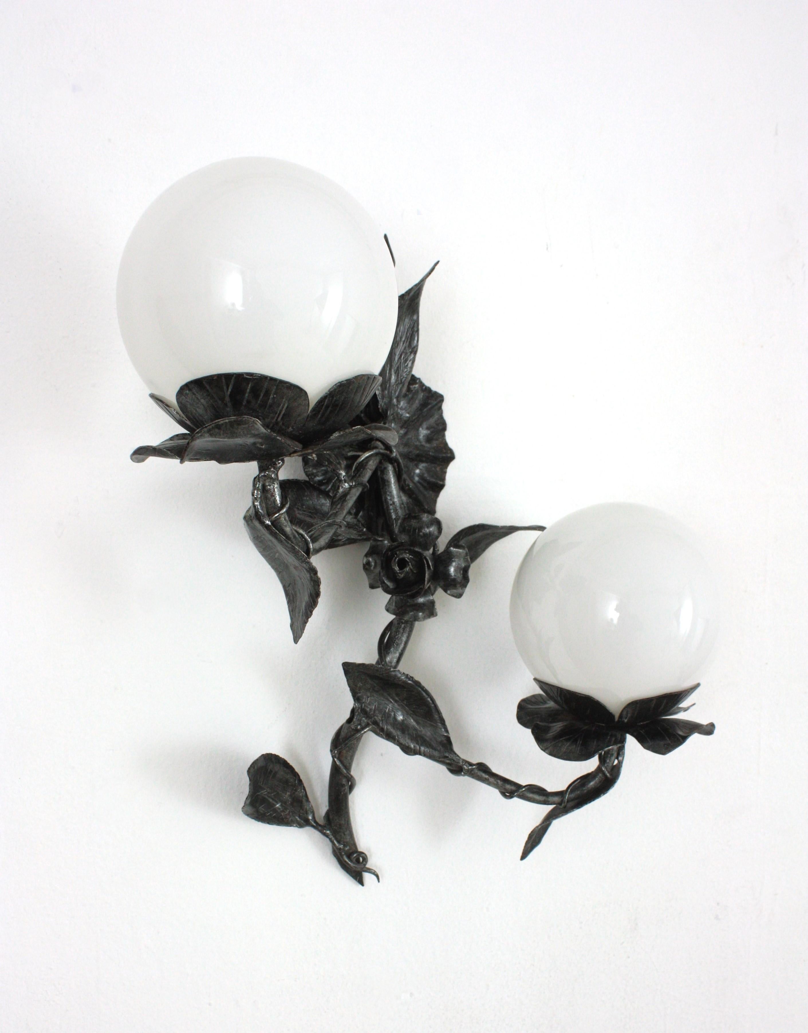 Spanish Foliage Floral Wall Lights in Silvered Iron with Milk Glass Globes, Pair For Sale 4