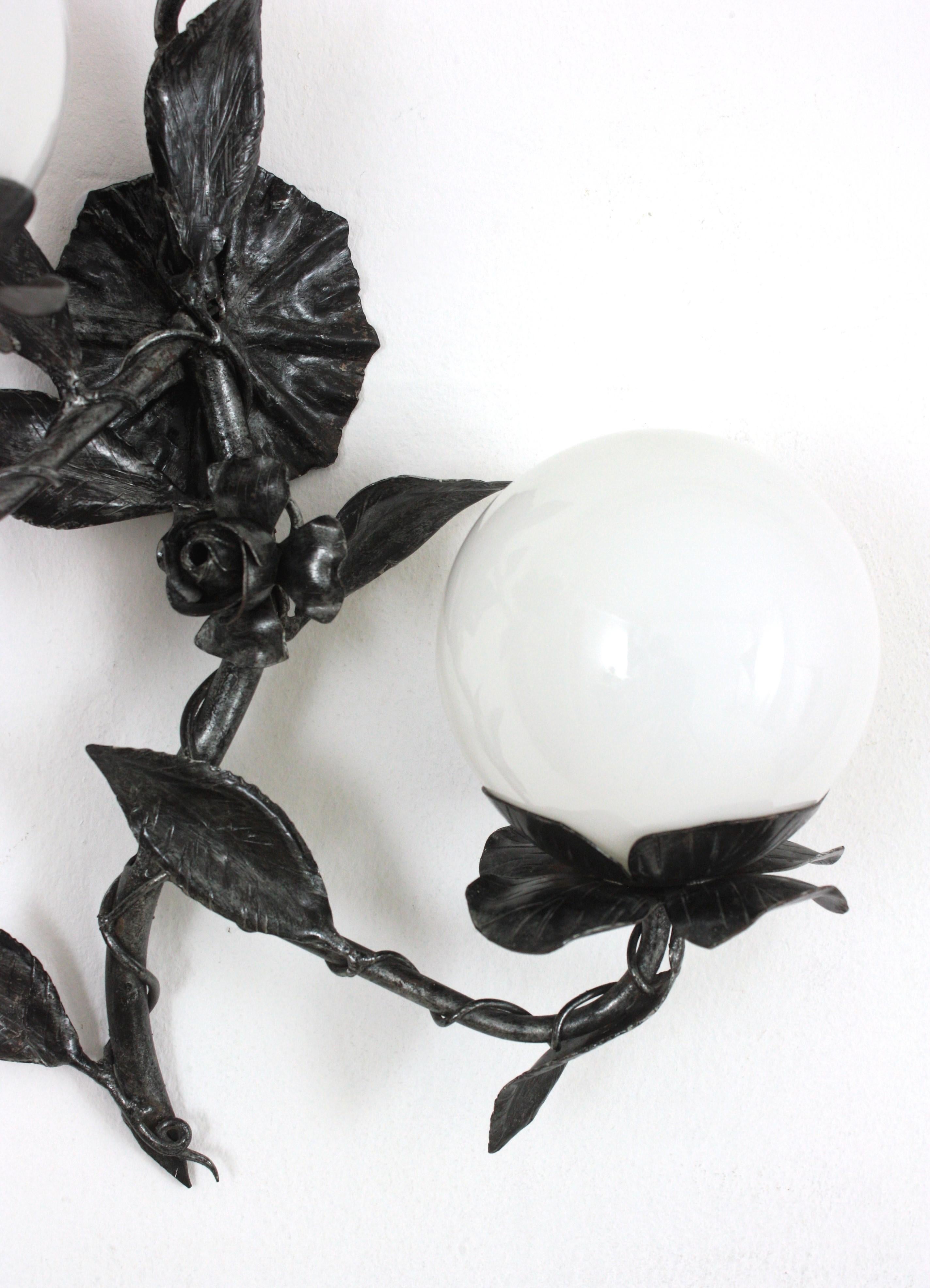 Spanish Foliage Floral Wall Lights in Silvered Iron with Milk Glass Globes, Pair For Sale 5