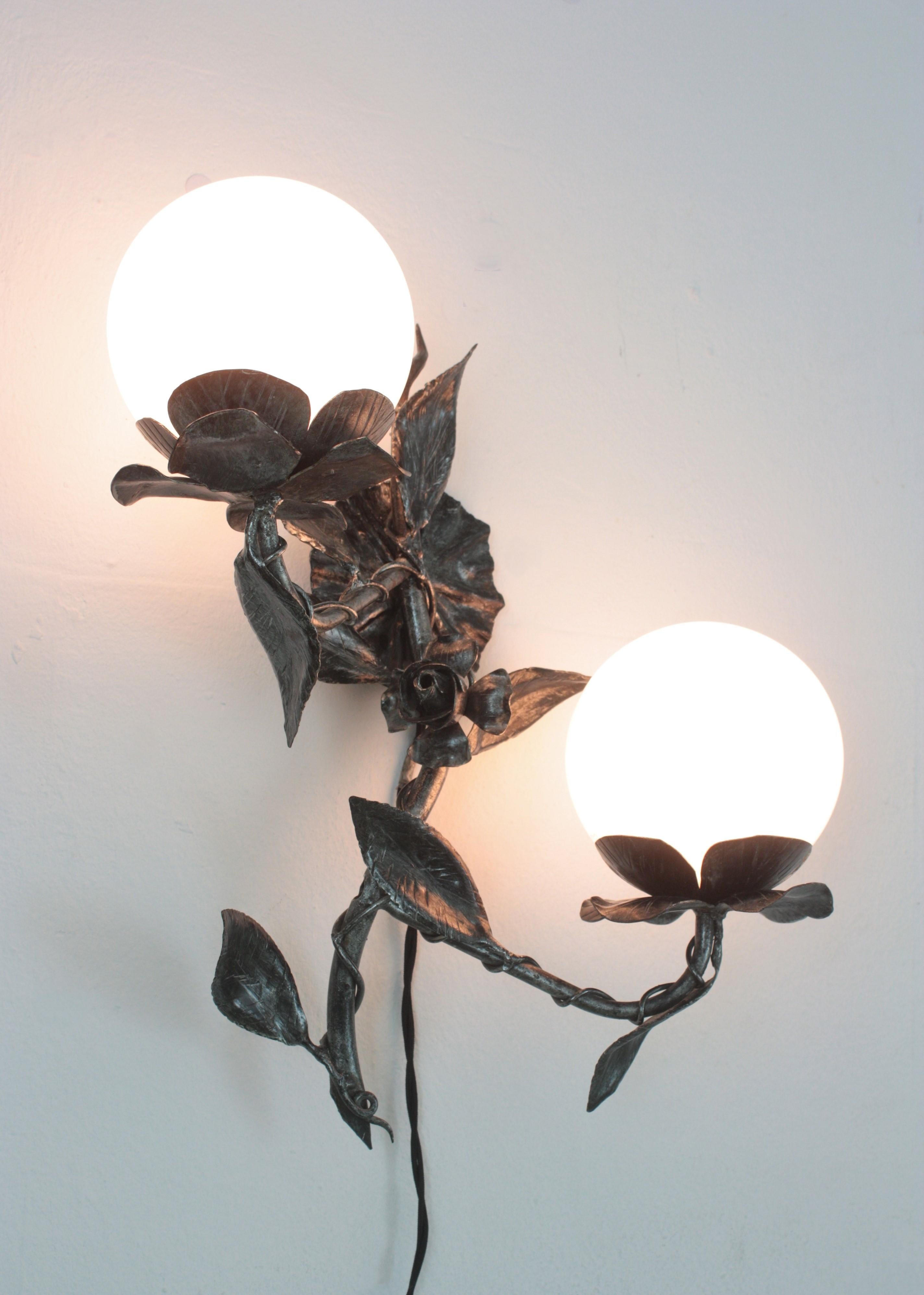 Spanish Foliage Floral Wall Lights in Silvered Iron with Milk Glass Globes, Pair For Sale 7