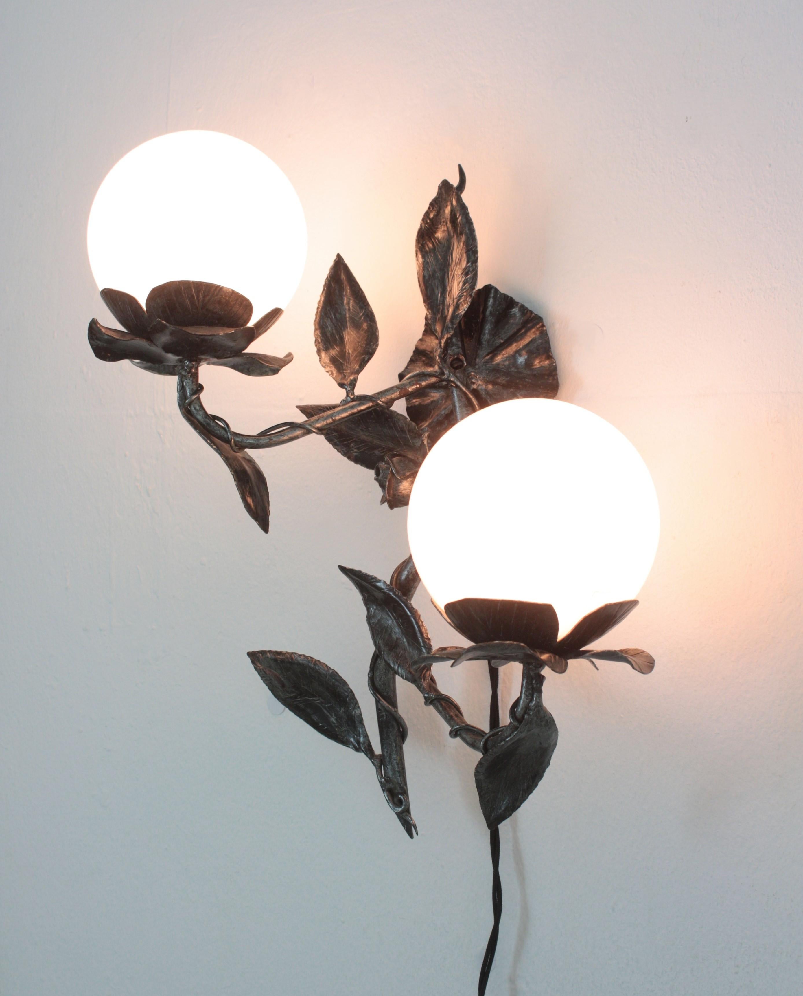 Spanish Foliage Floral Wall Lights in Silvered Iron with Milk Glass Globes, Pair For Sale 9
