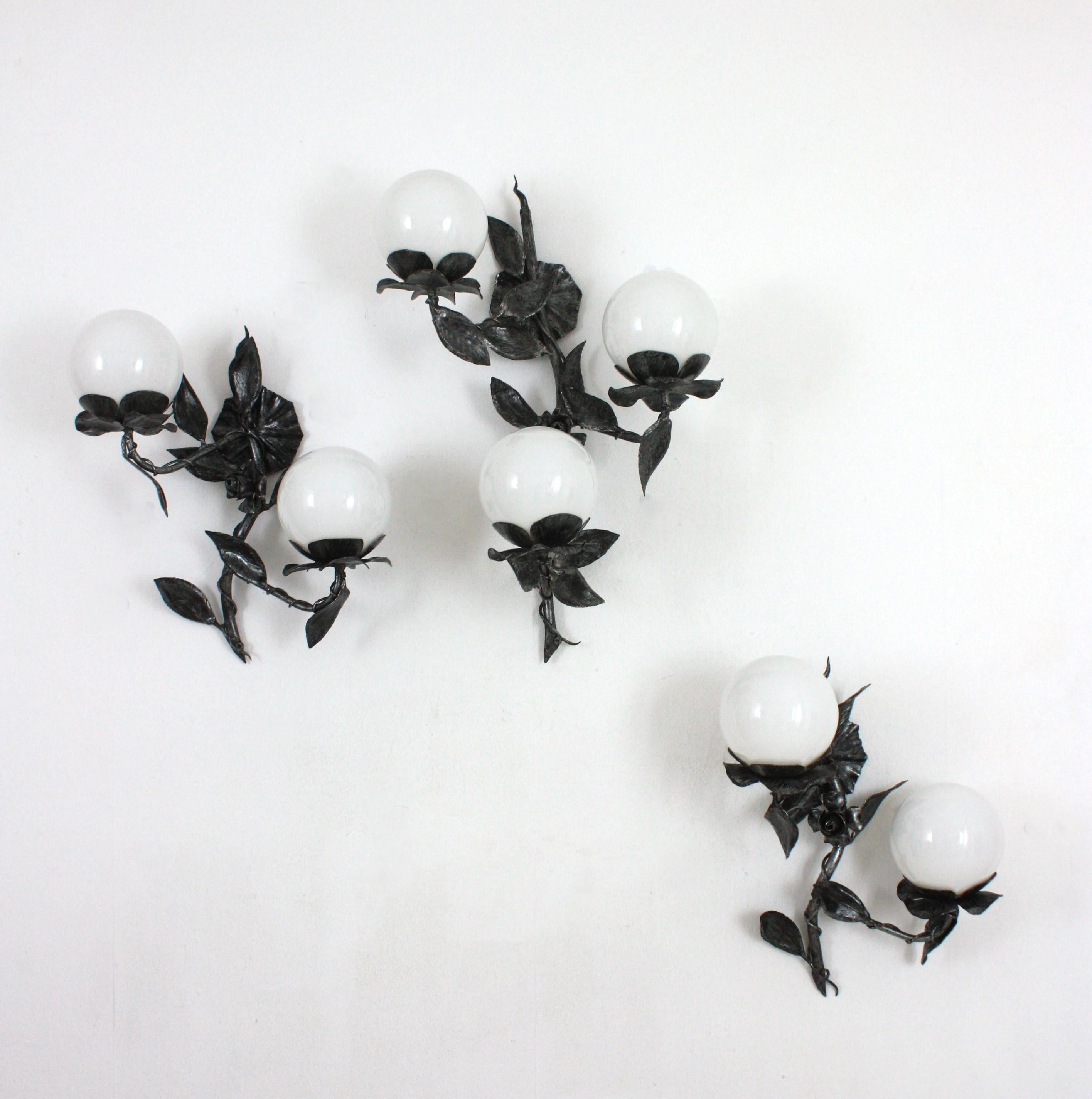 Spanish Foliage Floral Wall Lights in Silvered Iron with Milk Glass Globes, Pair For Sale 10