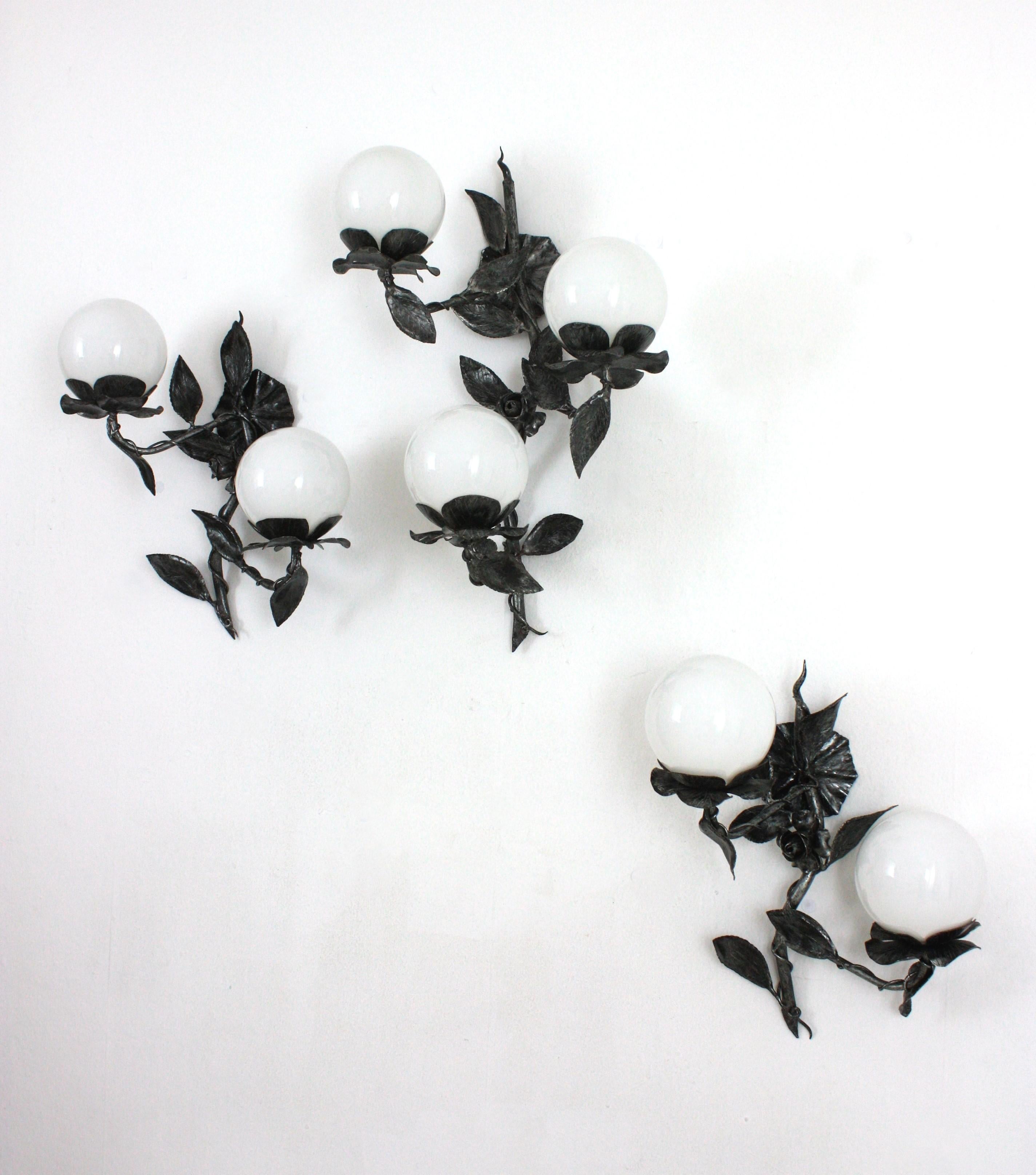 Spanish Foliage Floral Wall Lights in Silvered Iron with Milk Glass Globes, Pair For Sale 11