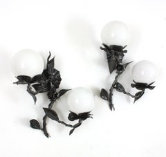Pair of Wall Lights in Silvered Iron with Milk Glass Globes, Pair