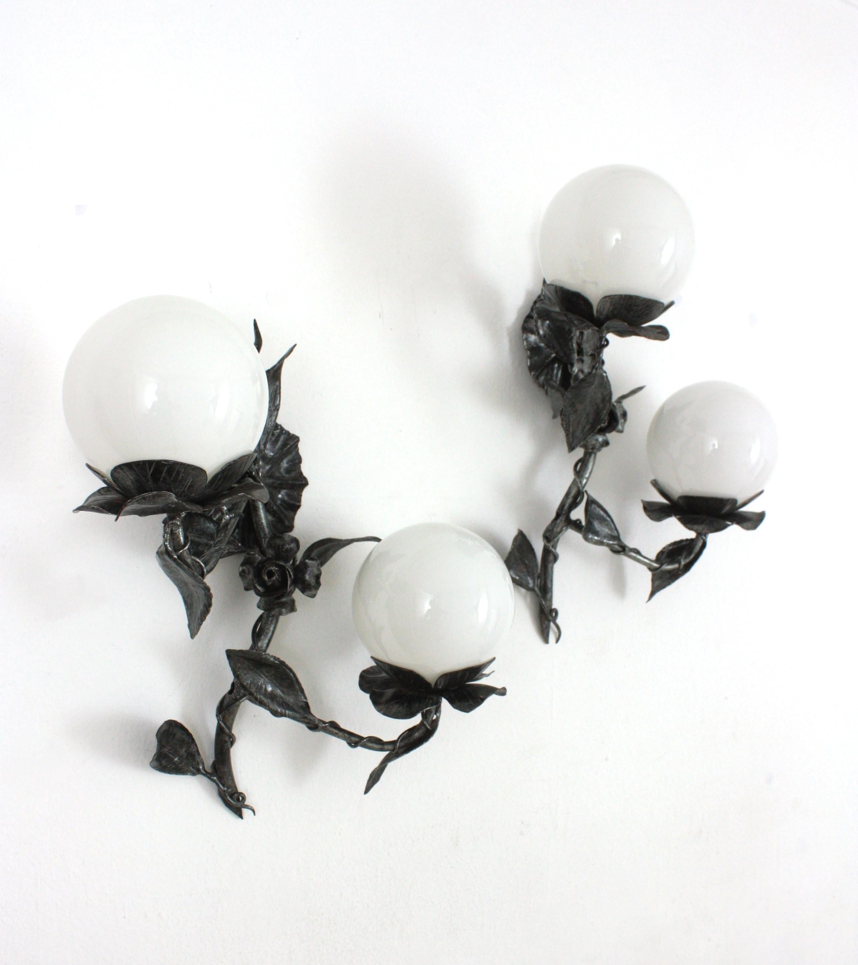 Mid-Century Modern Spanish Foliage Floral Wall Lights in Silvered Iron with Milk Glass Globes, Pair For Sale