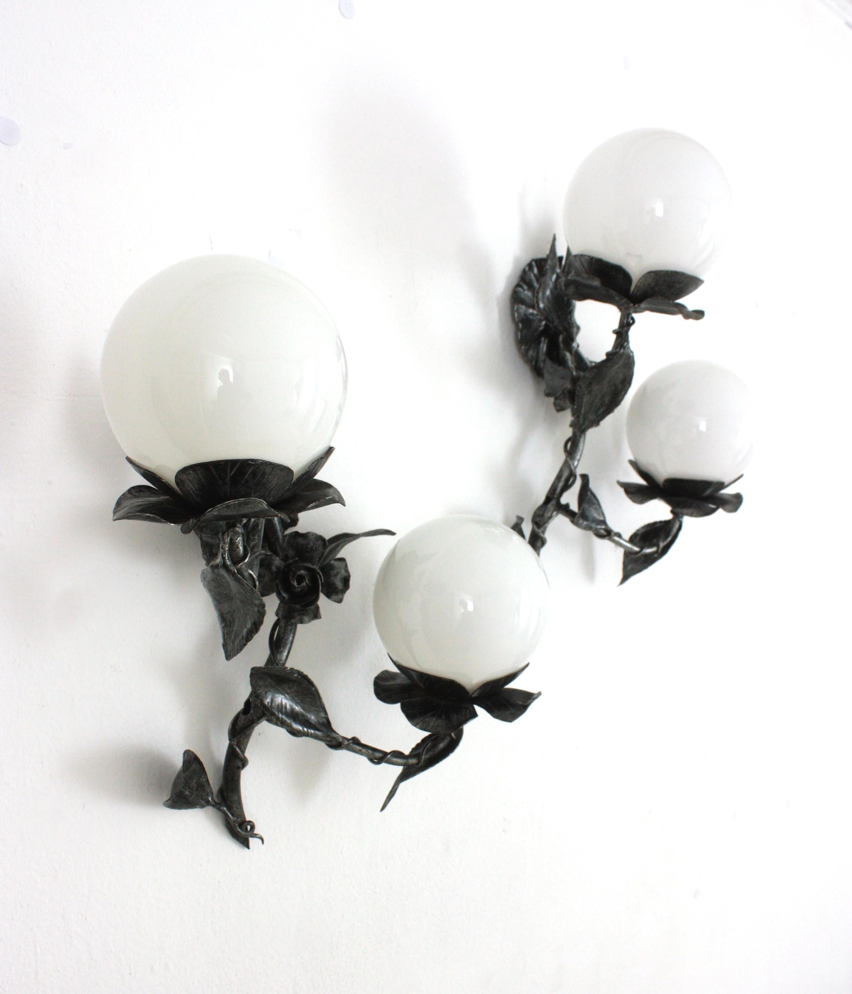 Patinated Spanish Foliage Floral Wall Lights in Silvered Iron with Milk Glass Globes, Pair For Sale