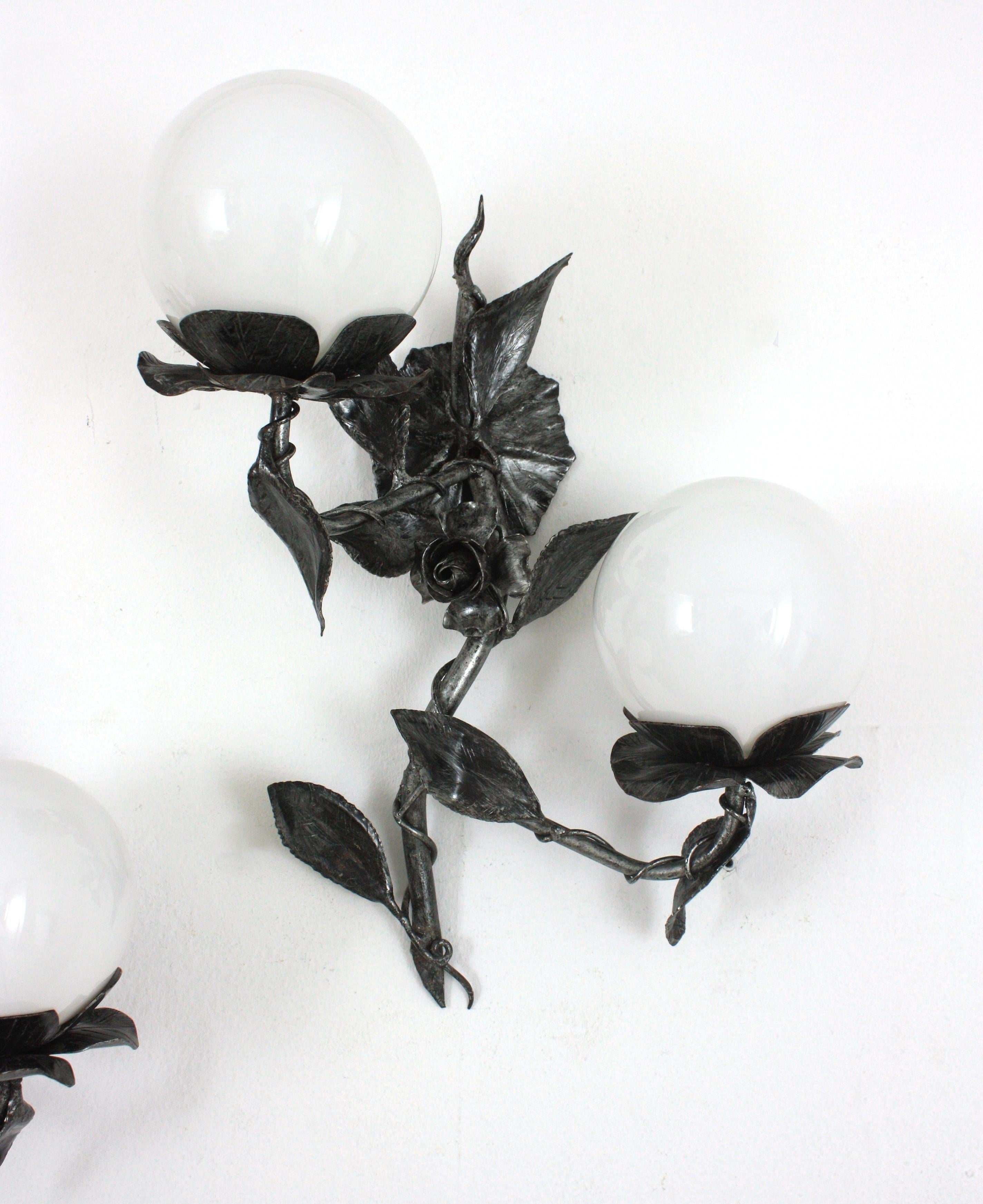 20th Century Spanish Foliage Floral Wall Lights in Silvered Iron with Milk Glass Globes, Pair For Sale