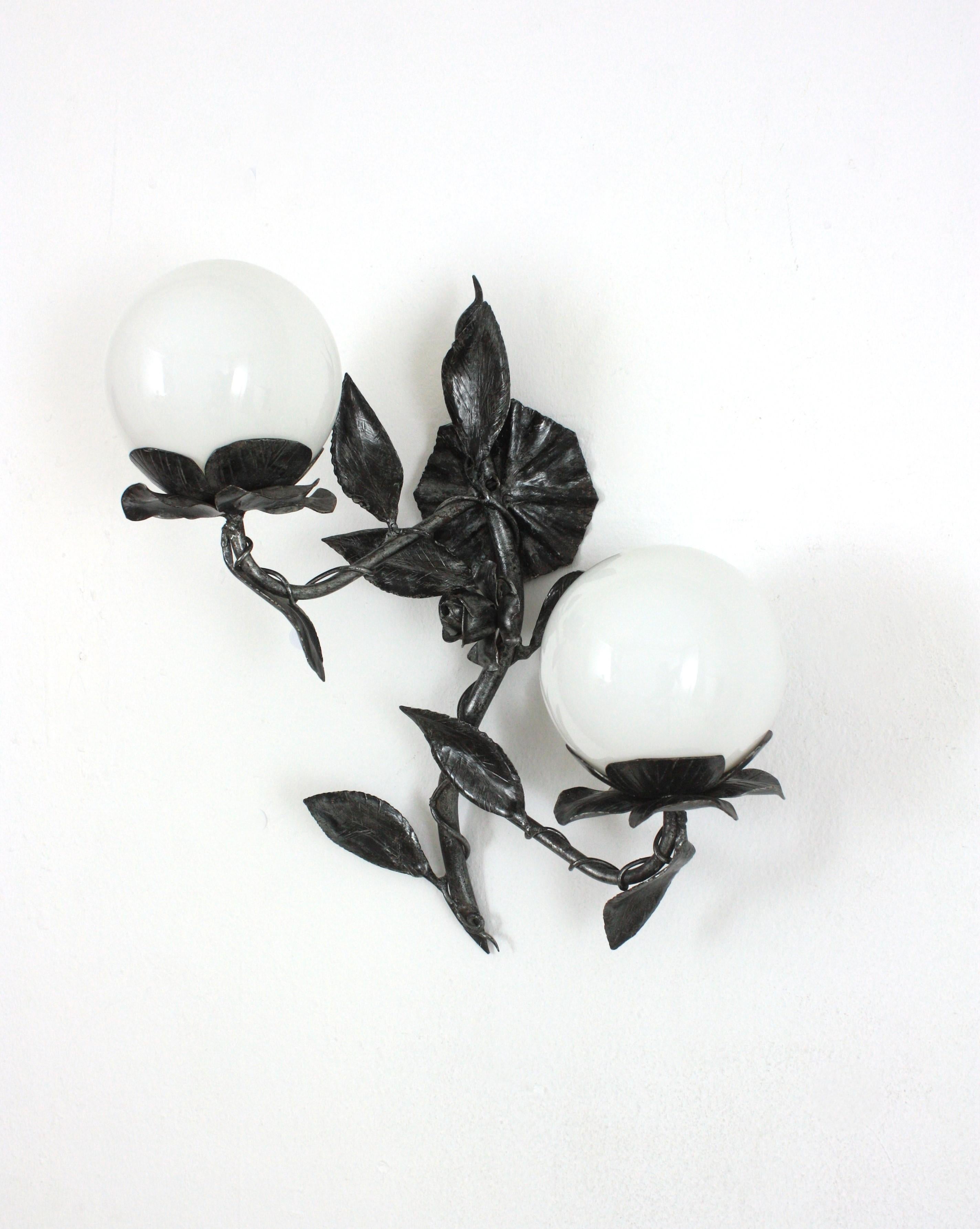 Spanish Foliage Floral Wall Lights in Silvered Iron with Milk Glass Globes, Pair For Sale 3