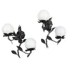 Spanish Foliage Floral Wall Lights in Silvered Iron with Milk Glass Globes, Pair
