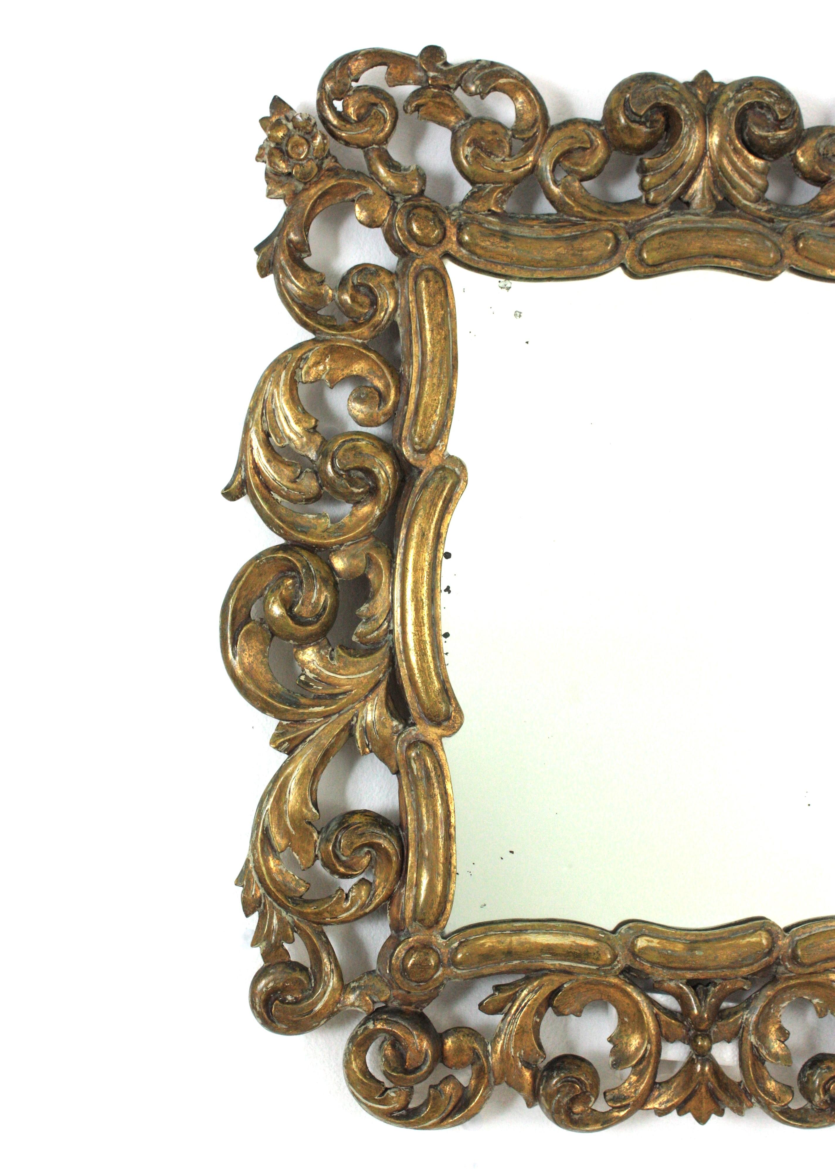 20th Century Spanish Foliage Gilt Carved Wood Mirror with Scroll Work Design For Sale
