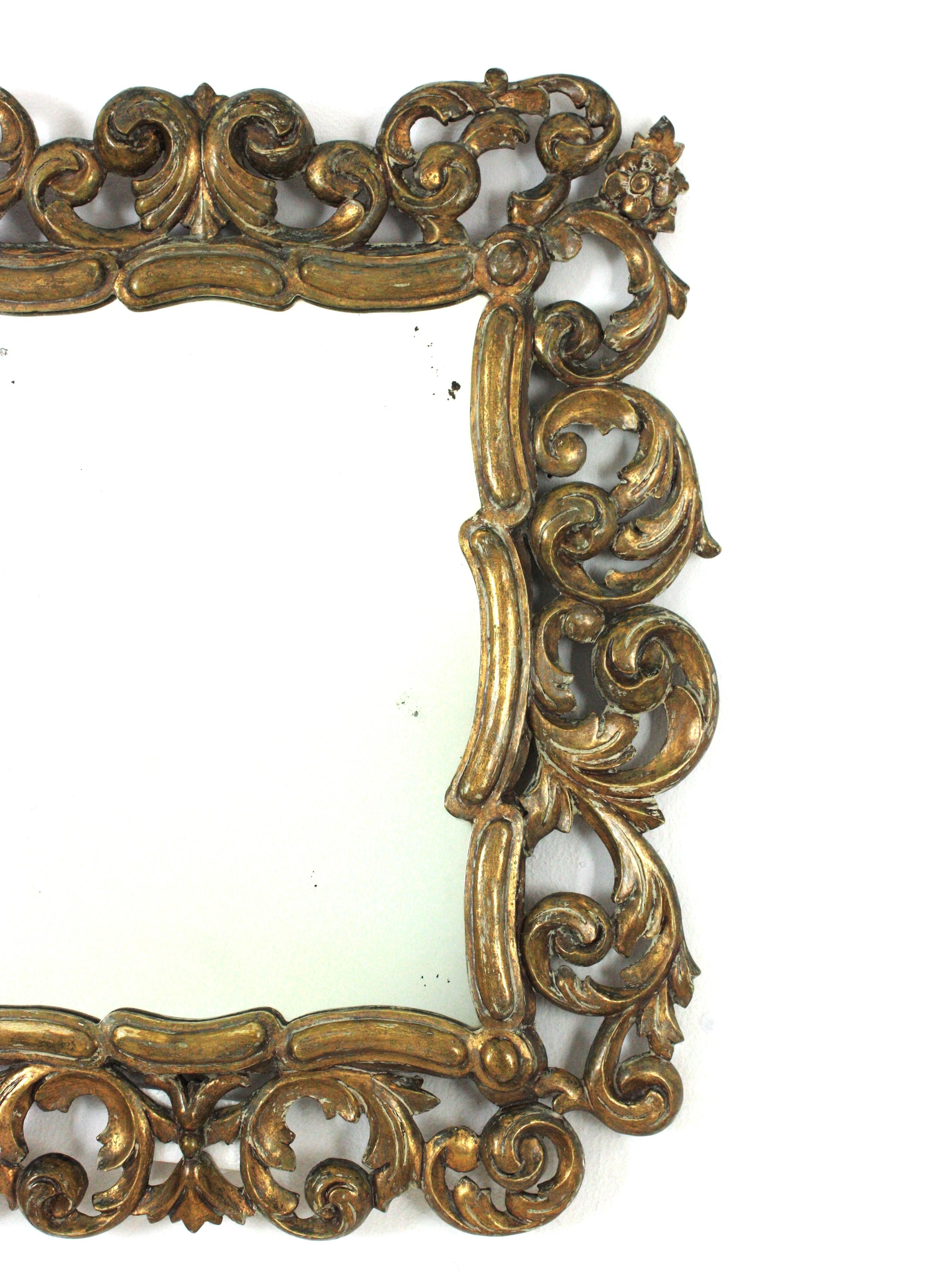Gesso Spanish Foliage Gilt Carved Wood Mirror with Scroll Work Design For Sale