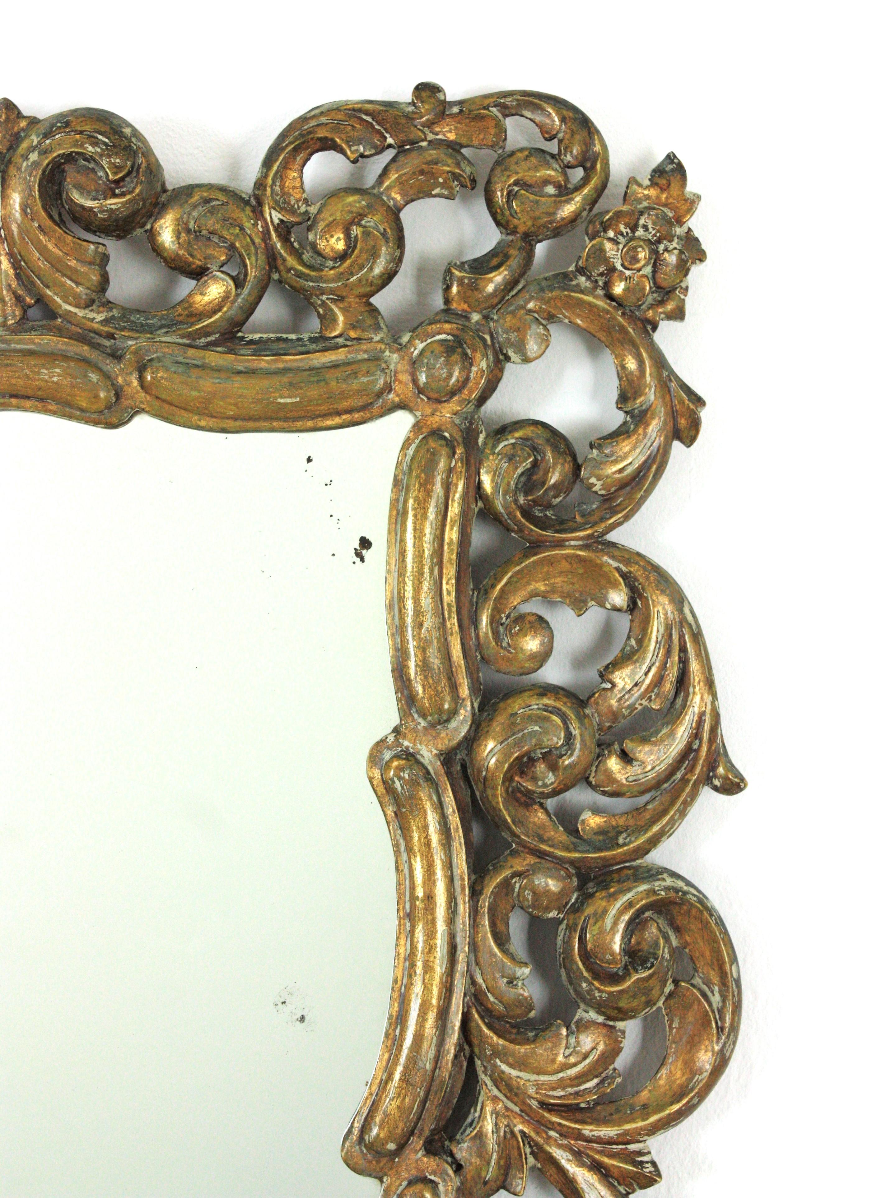Spanish Foliage Gilt Carved Wood Mirror with Scroll Work Design For Sale 1