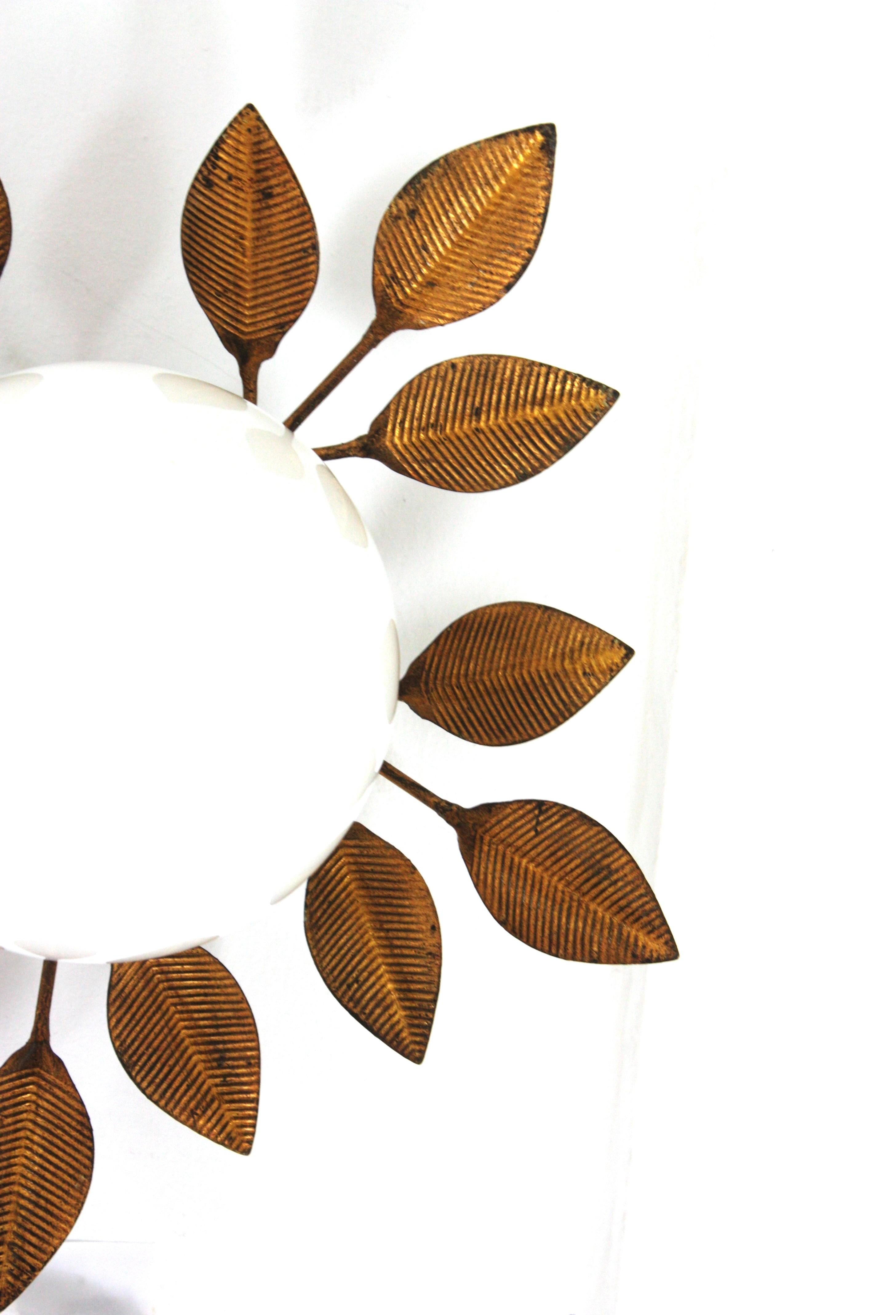 Spanish Foliage Light Fixture in Gilt Iron with Milk Glass Globe, 1950s 3