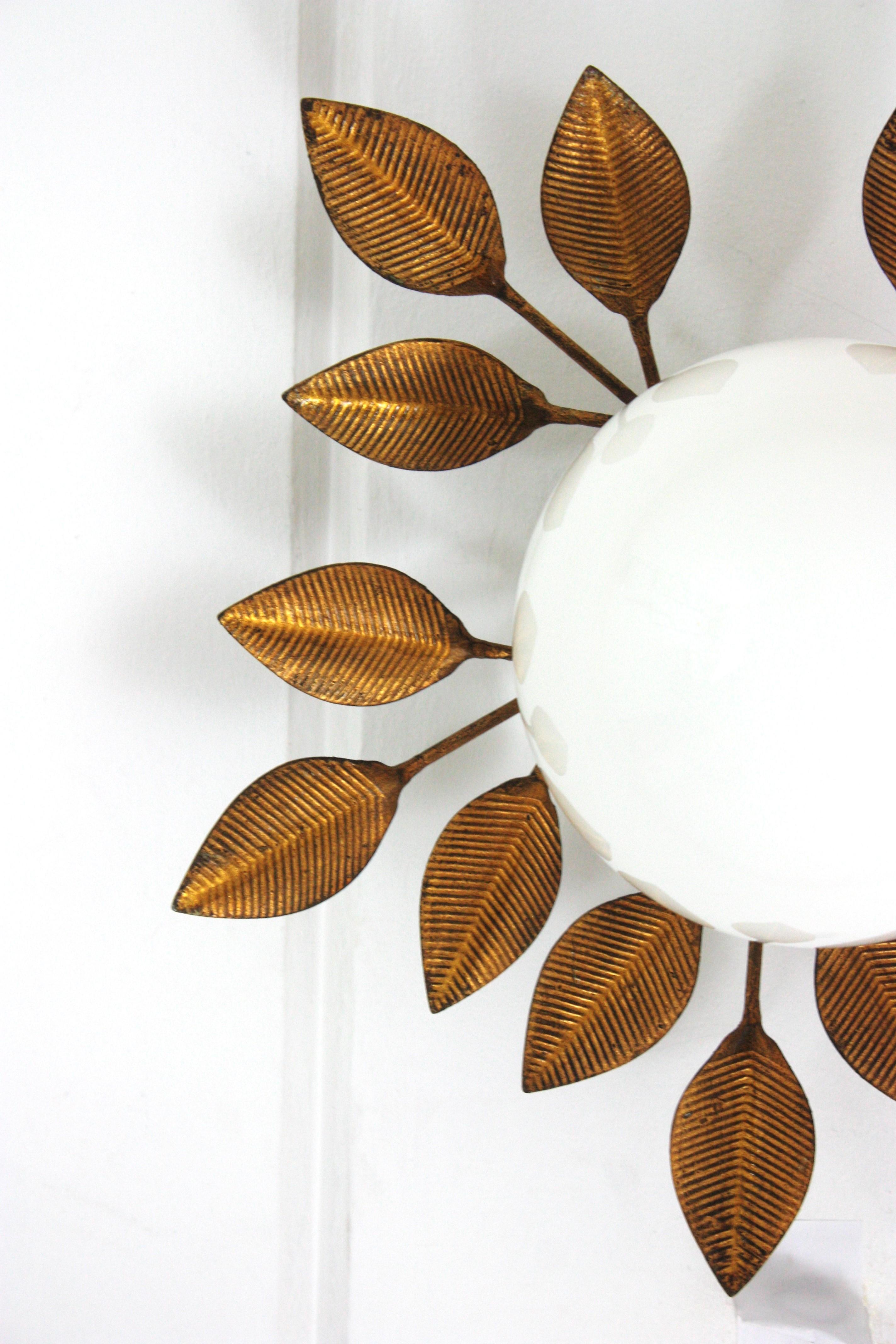 Spanish Foliage Light Fixture in Gilt Iron with Milk Glass Globe, 1950s 4