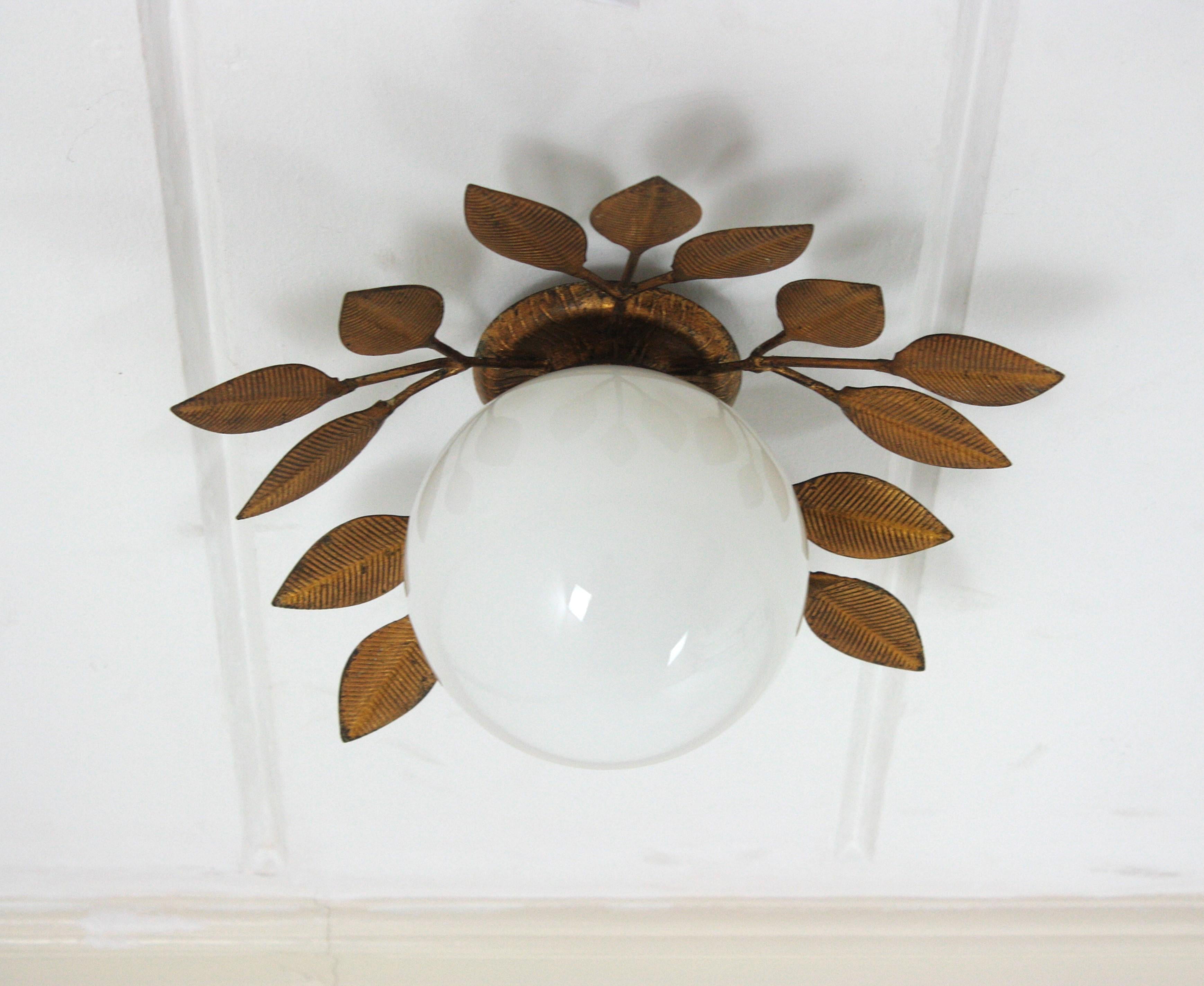 Spanish Foliage Light Fixture in Gilt Iron with Milk Glass Globe, 1950s 6