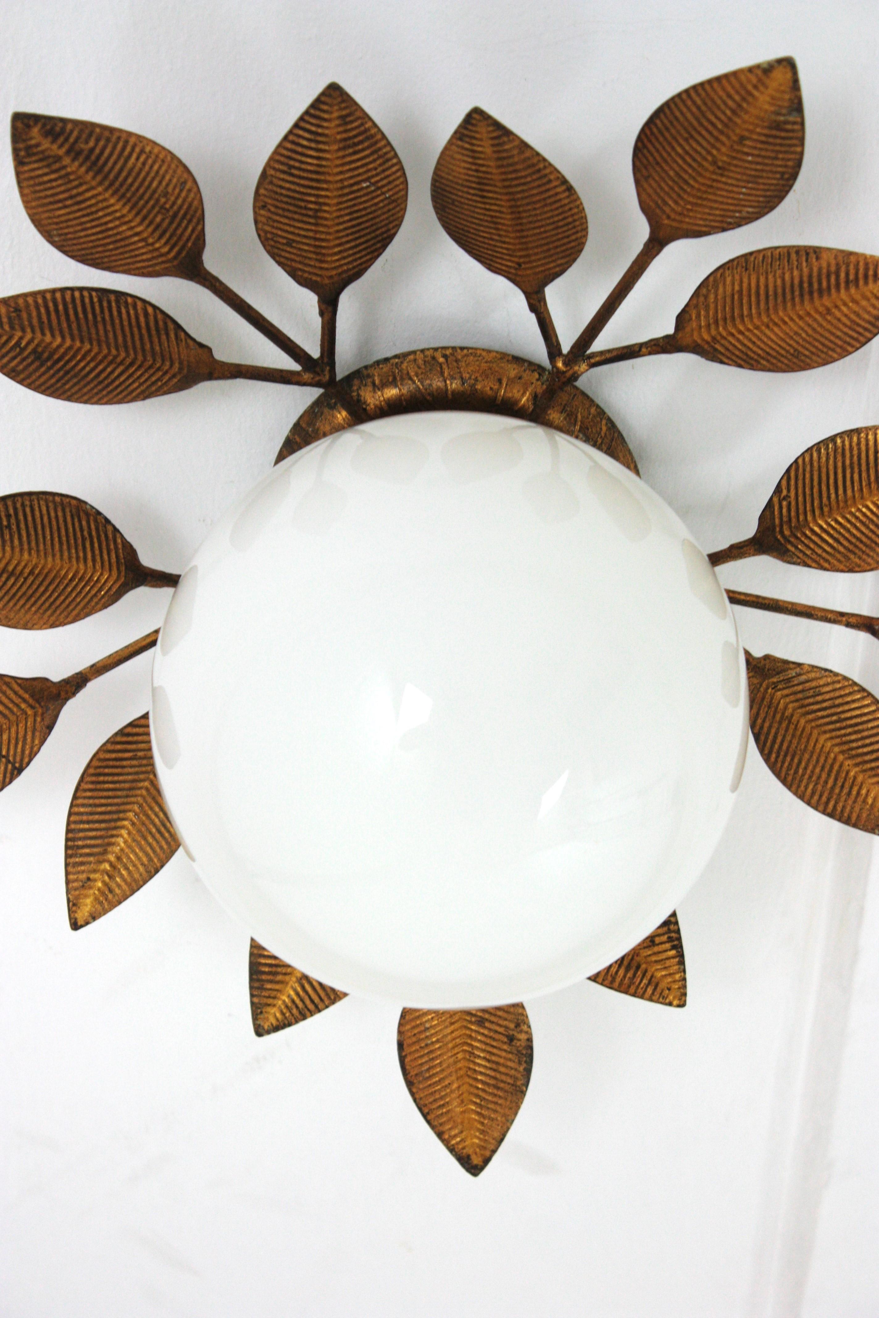 Spanish Foliage Light Fixture in Gilt Iron with Milk Glass Globe, 1950s 7