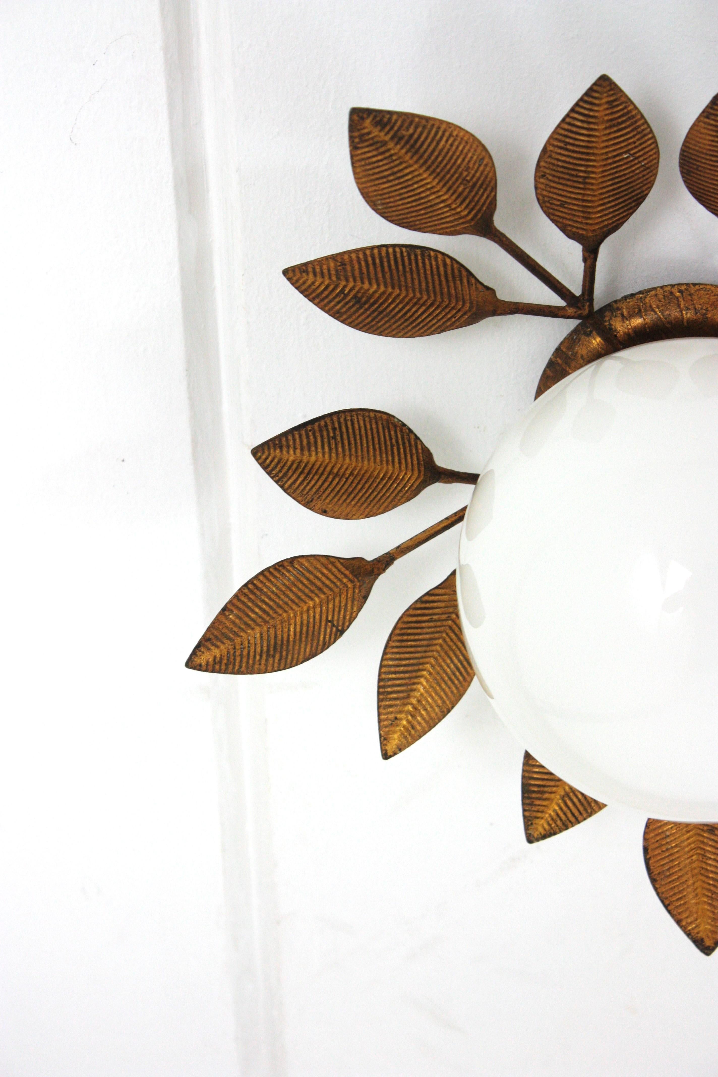 Spanish Foliage Light Fixture in Gilt Iron with Milk Glass Globe, 1950s 8