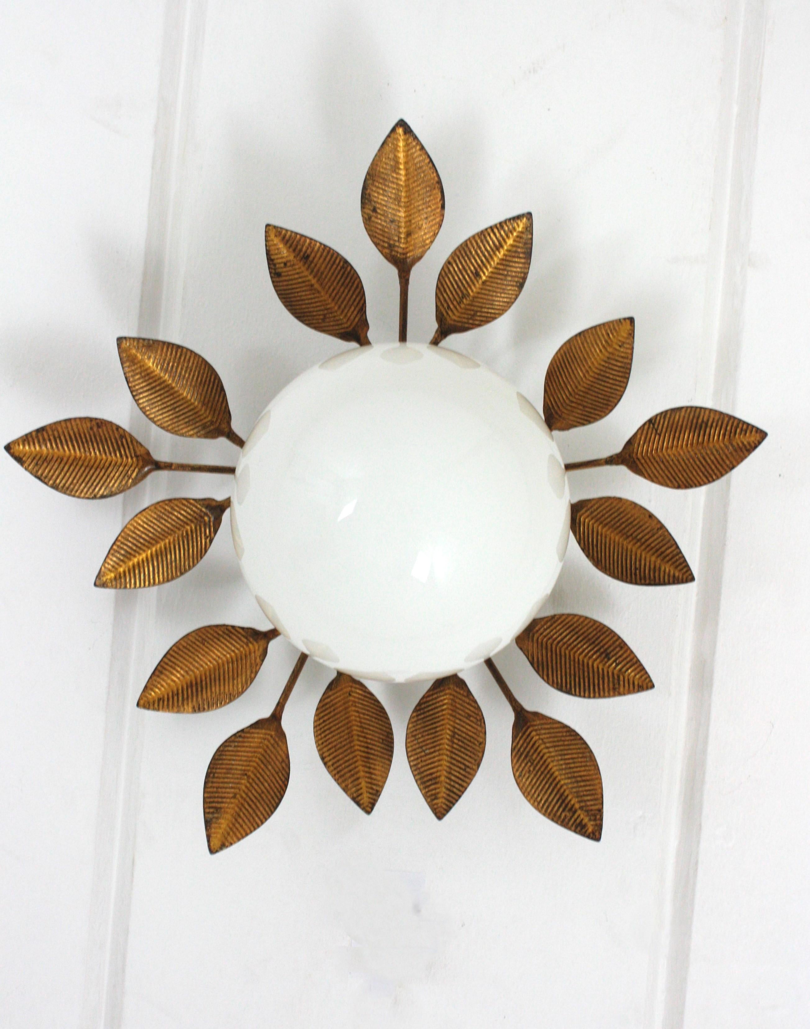 Spanish Foliage Light Fixture in Gilt Iron with Milk Glass Globe, 1950s 9