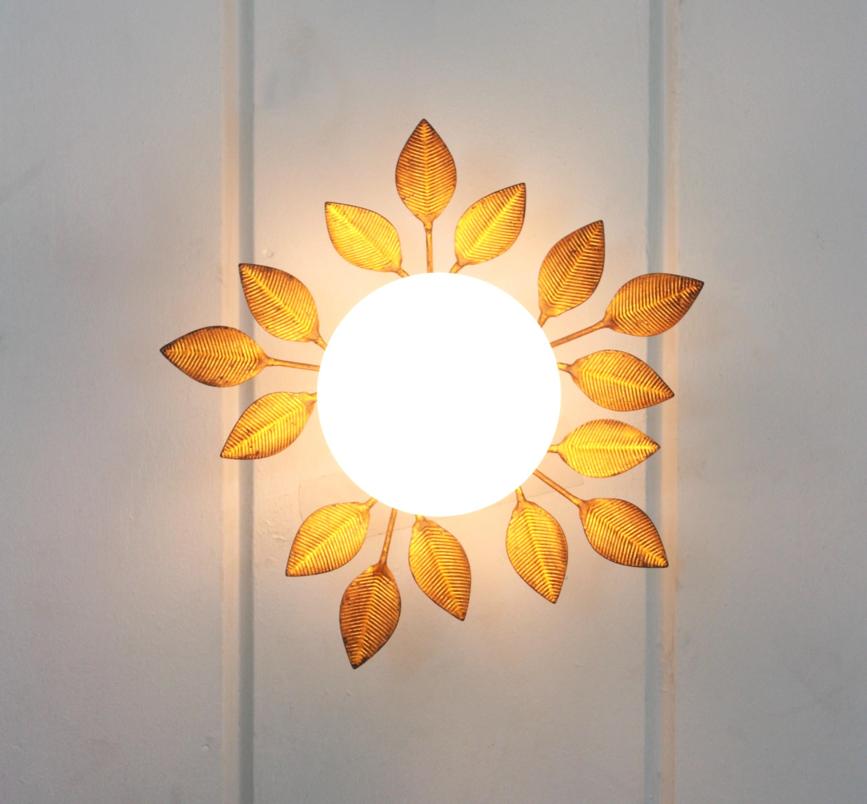 Spanish Foliage Light Fixture in Gilt Iron with Milk Glass Globe, 1950s 10