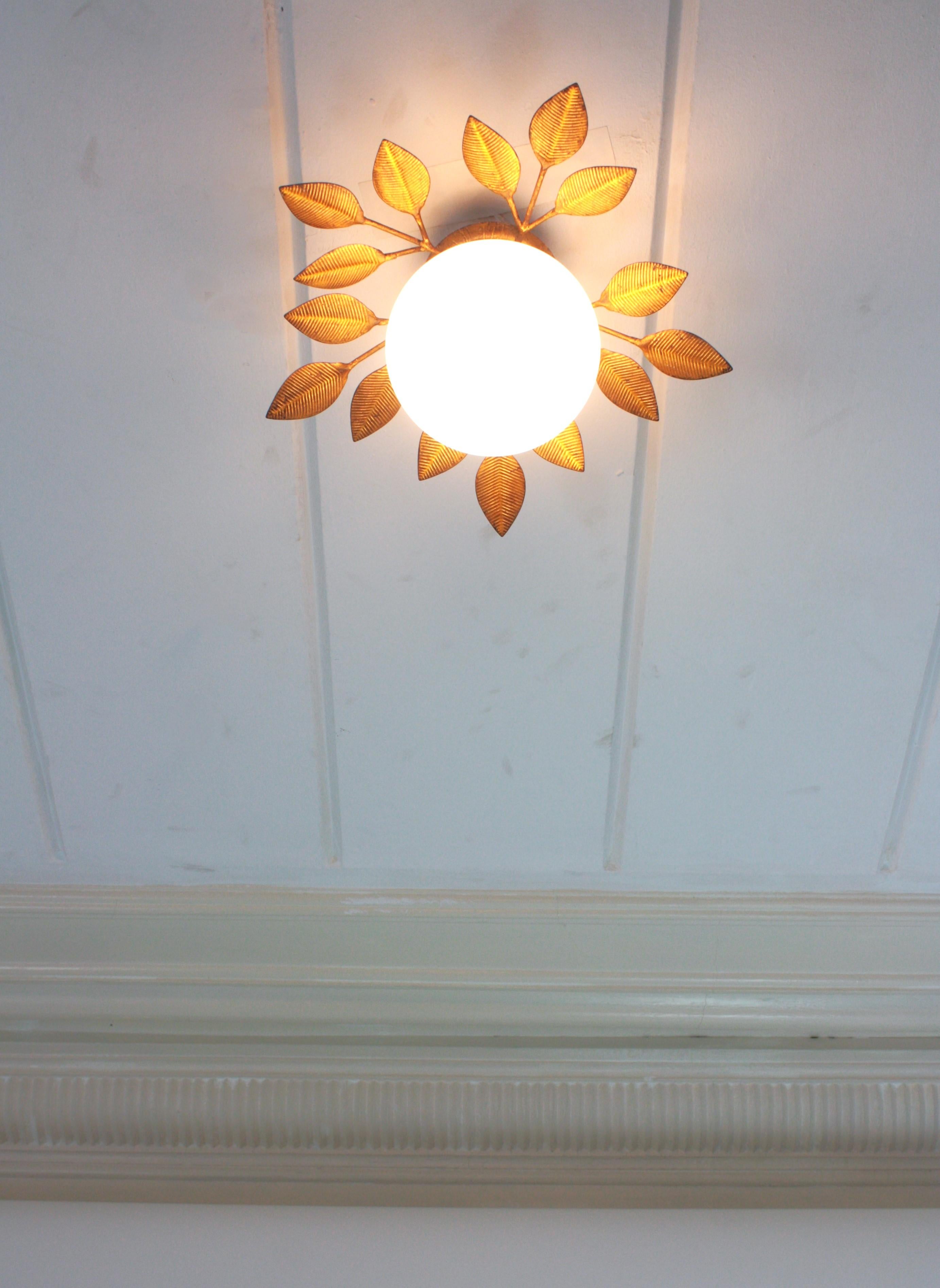 Spanish Foliage Light Fixture in Gilt Iron with Milk Glass Globe, 1950s 12