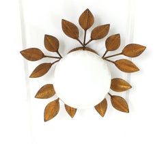 Spanish Foliage Light Fixture in Gilt Iron with Milk Glass Globe, 1950s