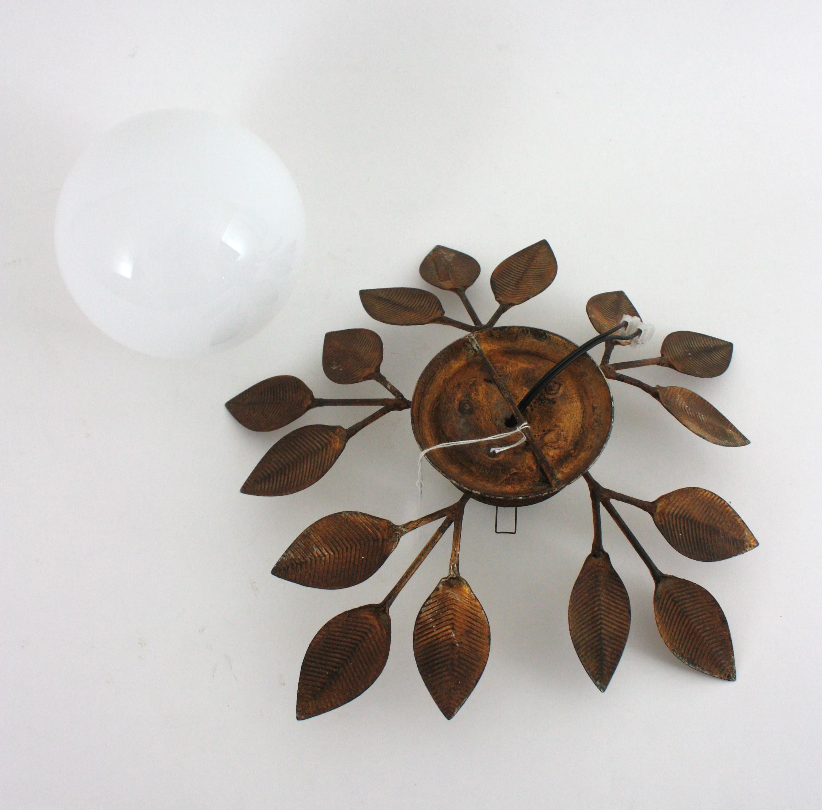 Spanish Foliage Light Fixture in Gilt Iron with Milk Glass Globe, 1950s 13