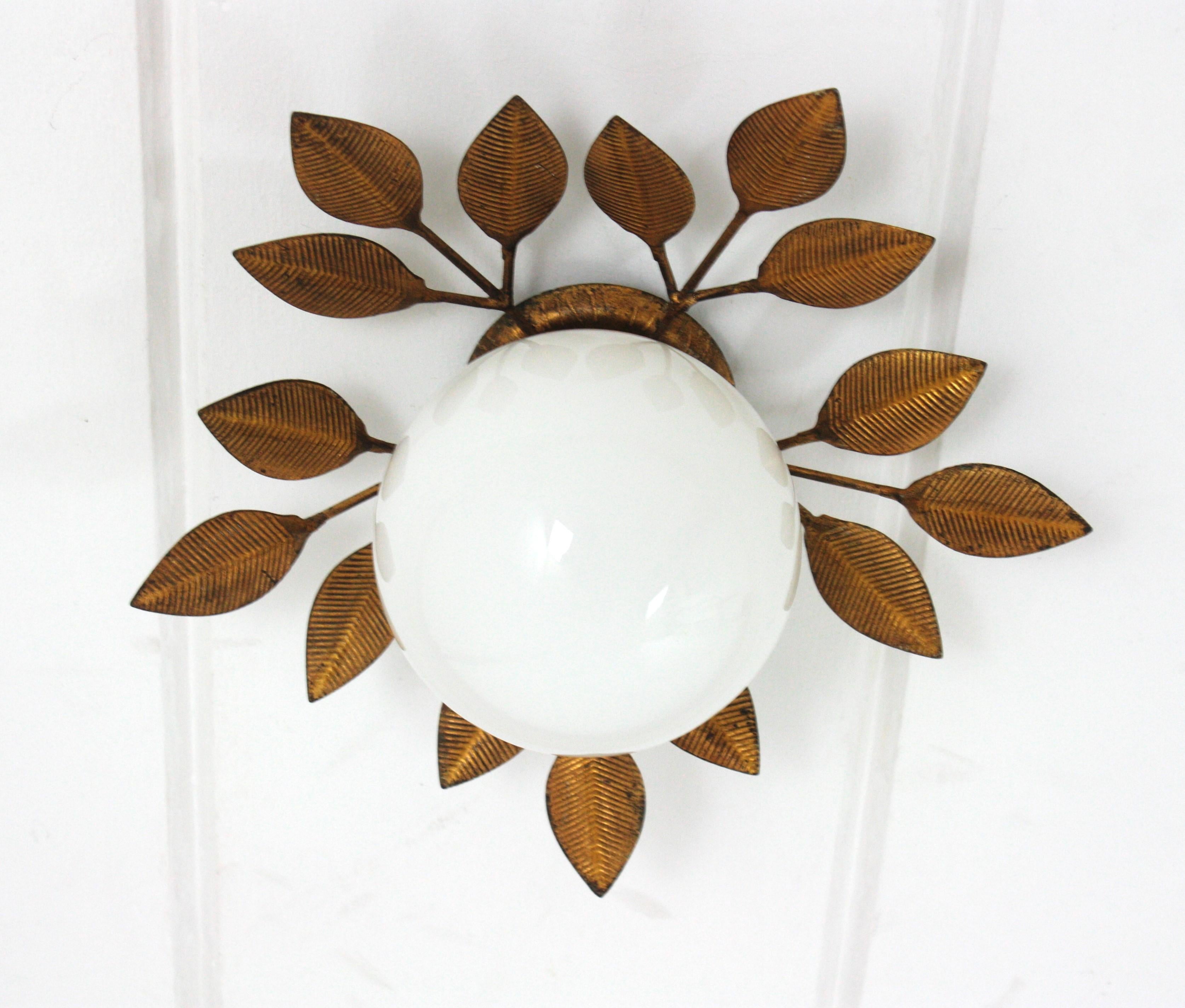Mid-Century Modern Spanish Foliage Light Fixture in Gilt Iron with Milk Glass Globe, 1950s