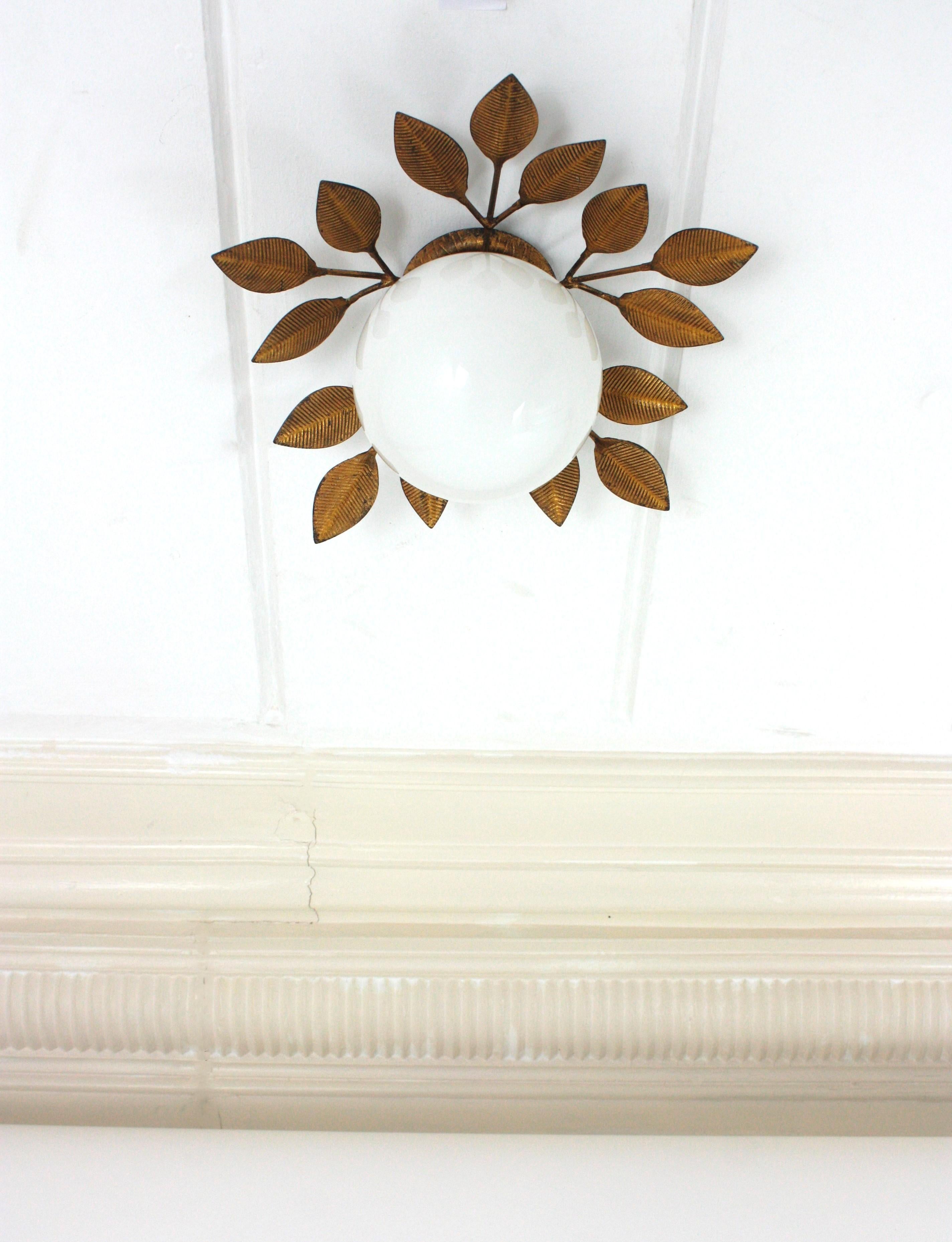 Forged Spanish Foliage Light Fixture in Gilt Iron with Milk Glass Globe, 1950s