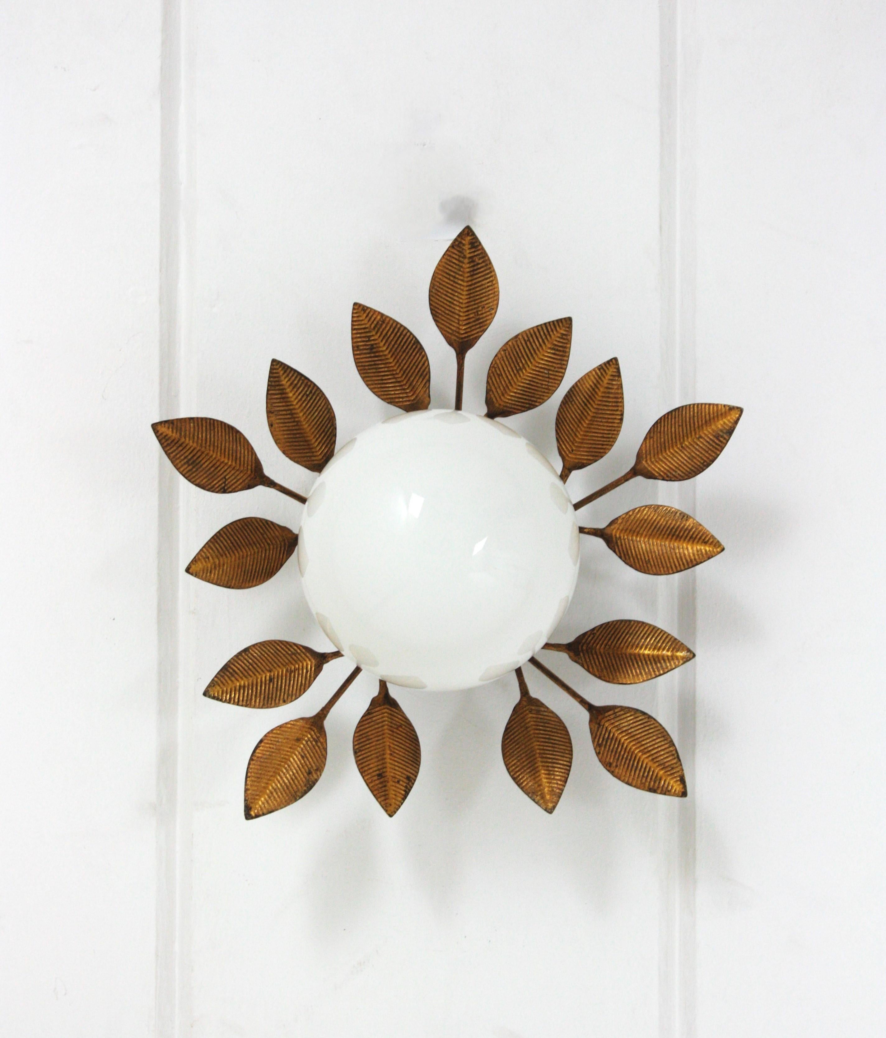 20th Century Spanish Foliage Light Fixture in Gilt Iron with Milk Glass Globe, 1950s