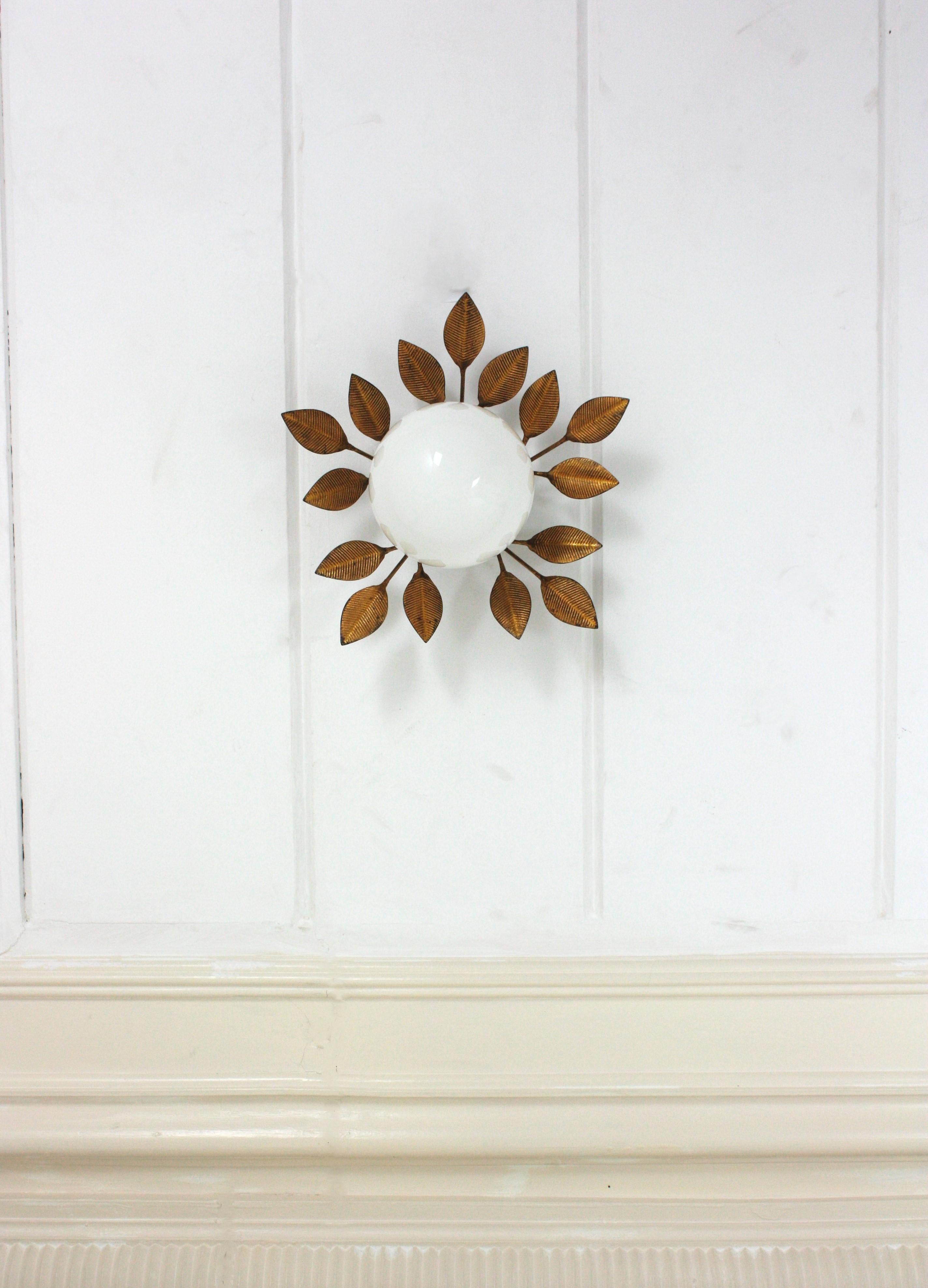 Metal Spanish Foliage Light Fixture in Gilt Iron with Milk Glass Globe, 1950s
