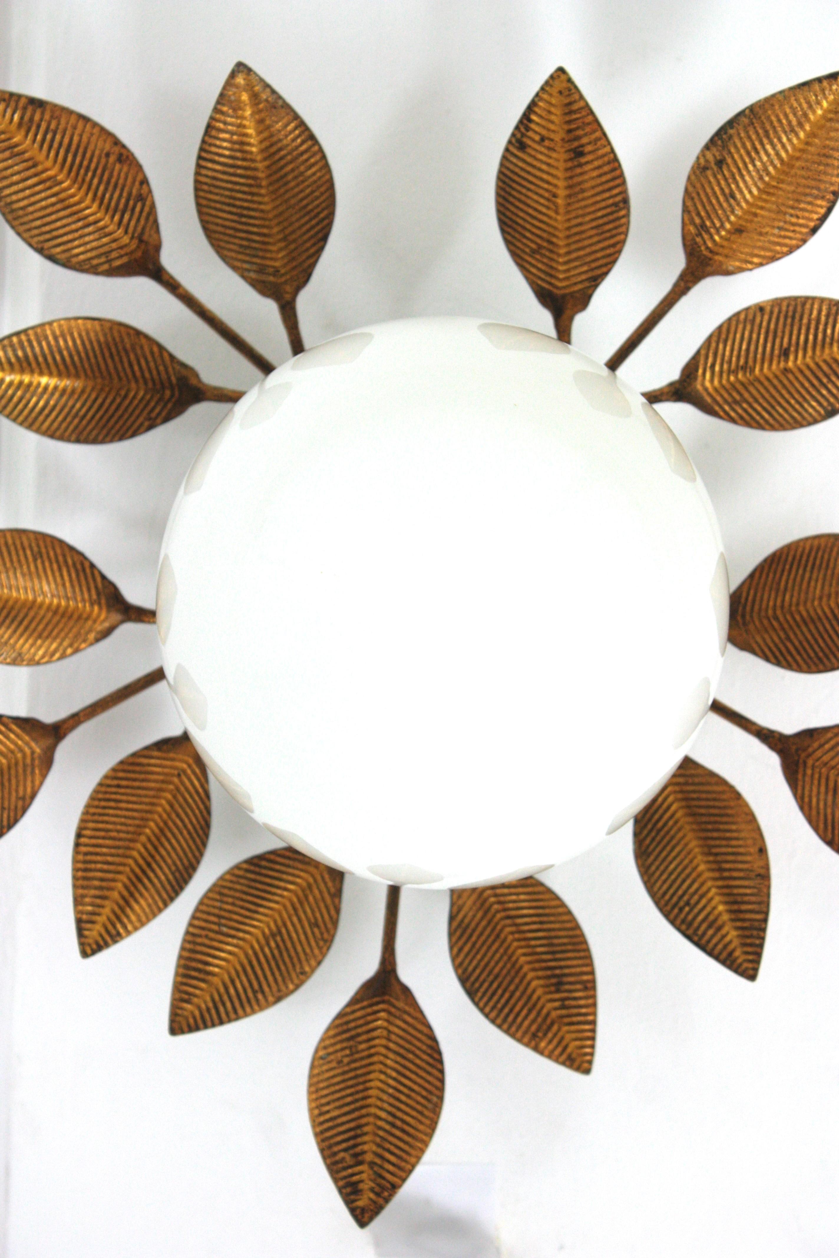Spanish Foliage Light Fixture in Gilt Iron with Milk Glass Globe, 1950s 1