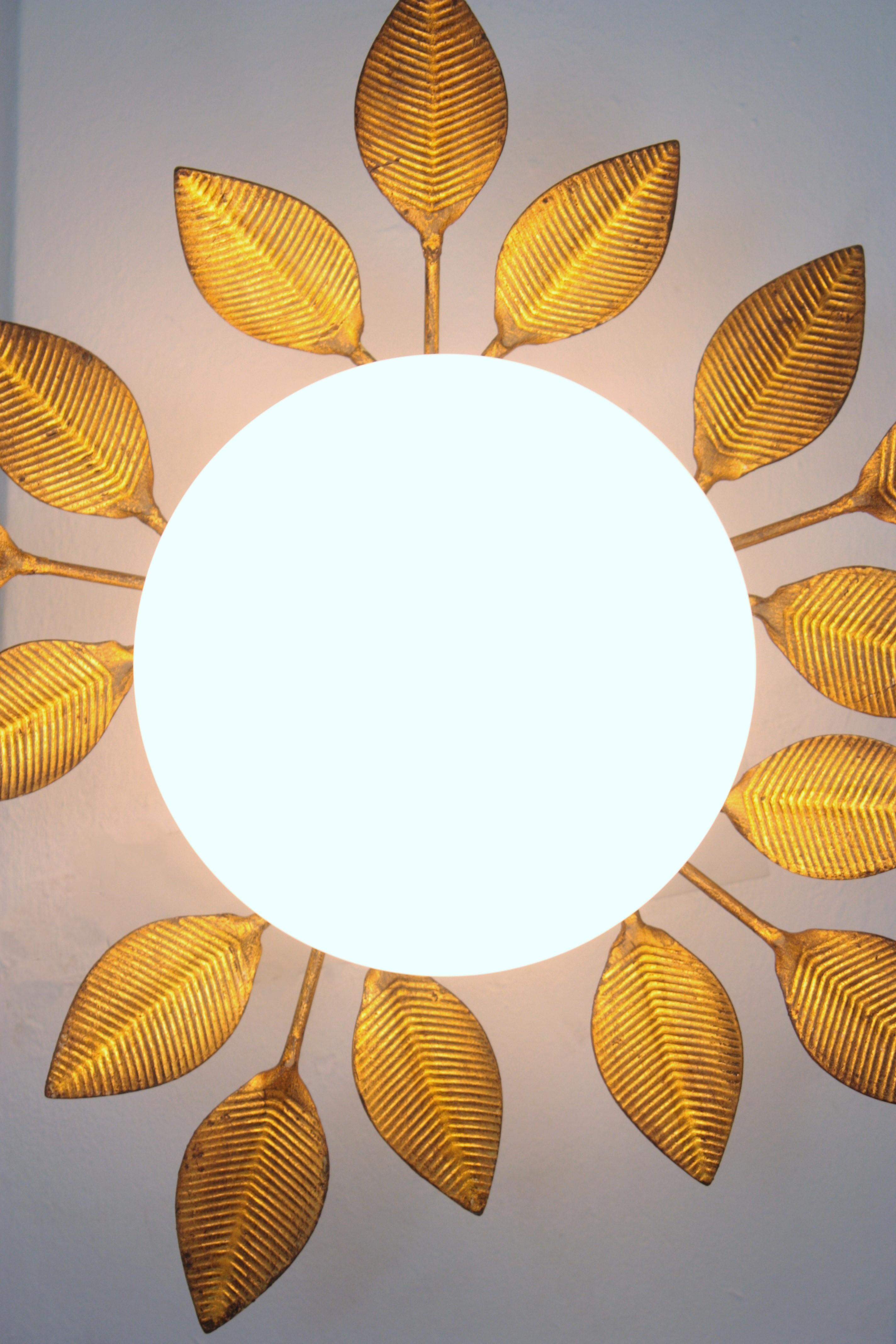 Spanish Foliage Light Fixture in Gilt Iron with Milk Glass Globe, 1950s 2