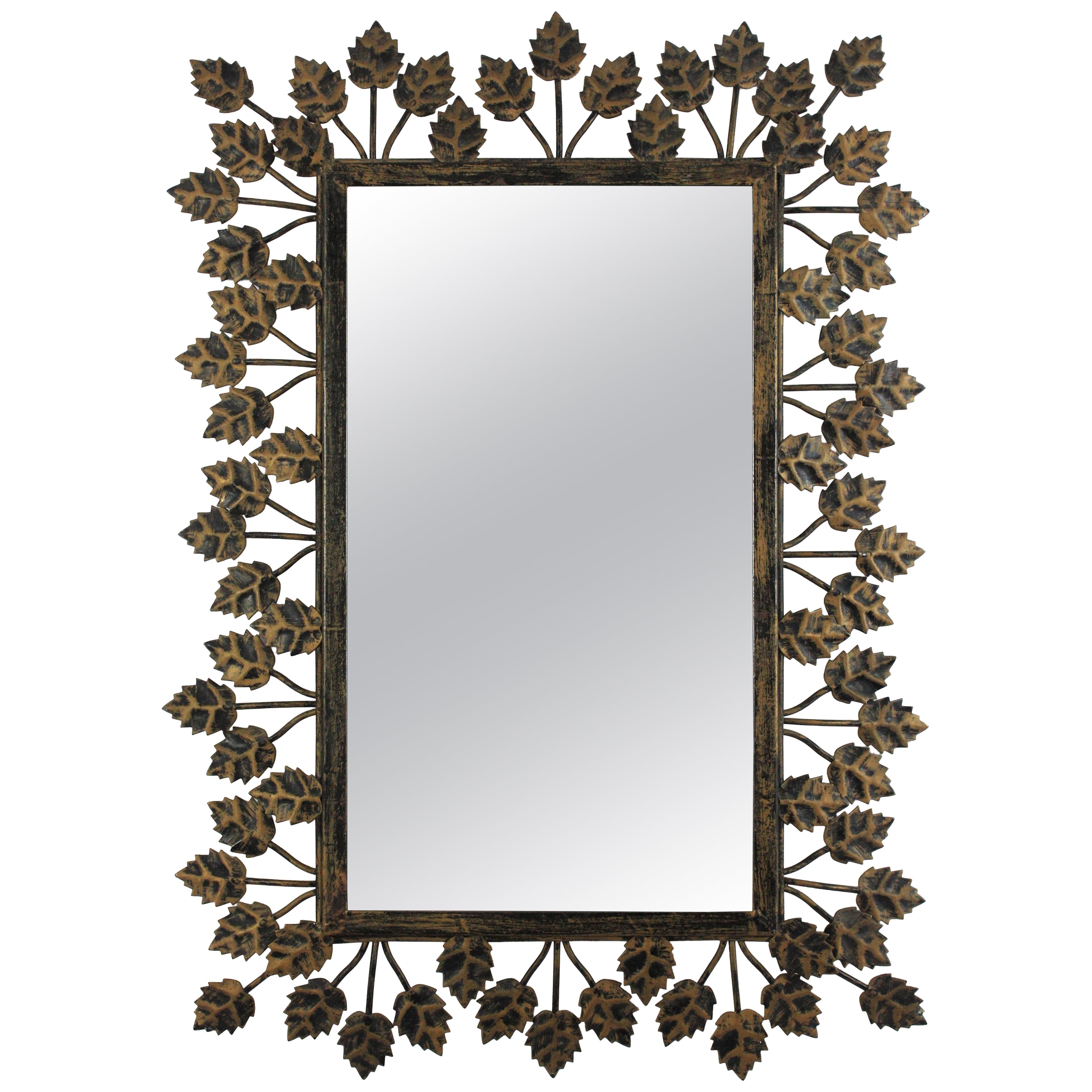 Spanish Foliage Rectangular Mirror in Gilt Metal, Ferro Art, 1950s For Sale