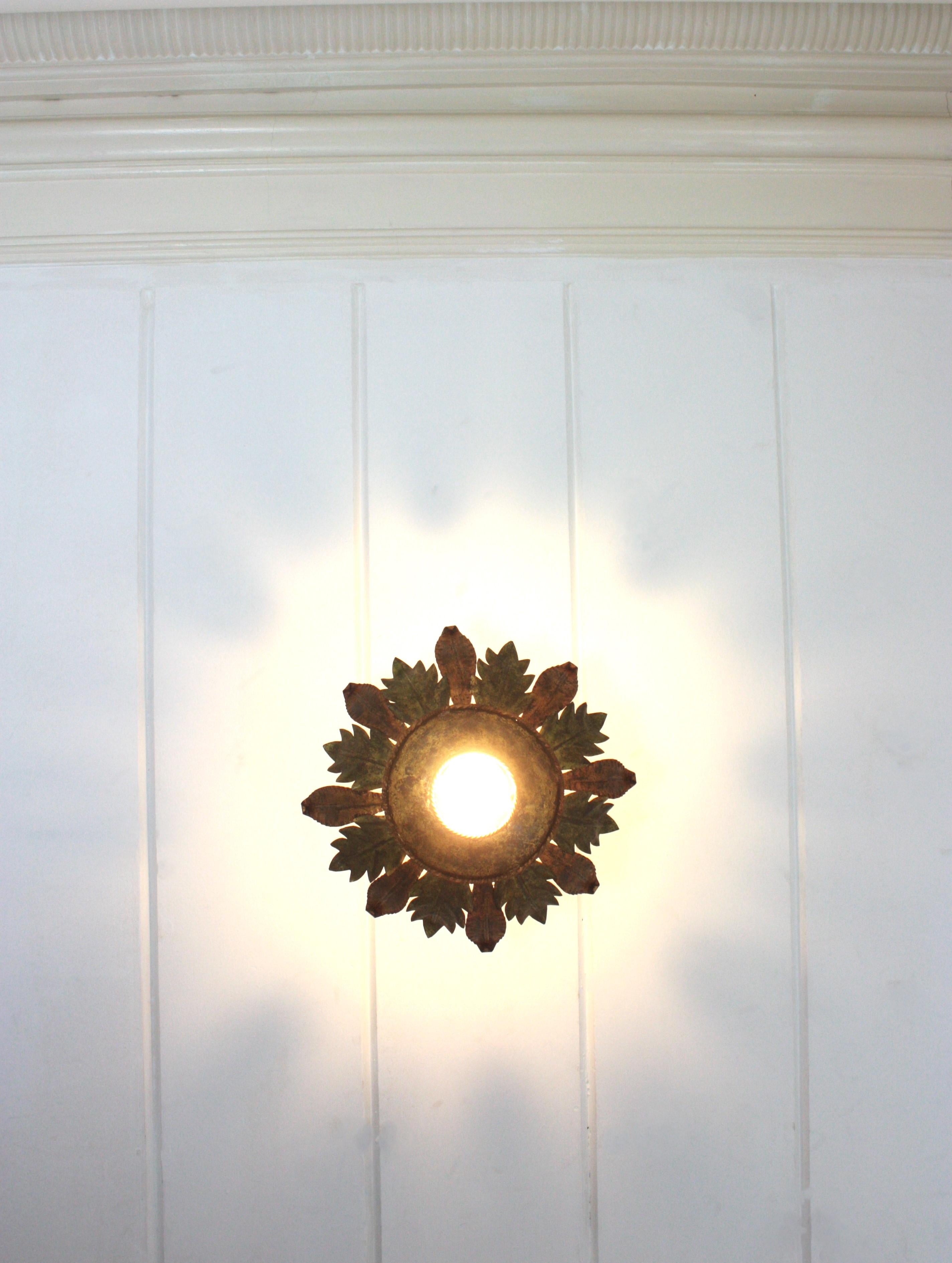 Plafonnier espagnol Foliage Sunburst en vert et fer doré en vente 4