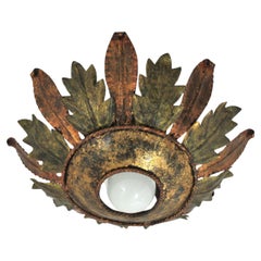 Spanish Foliage Sunburst Ceiling Light Fixture in Green and Gilt Iron