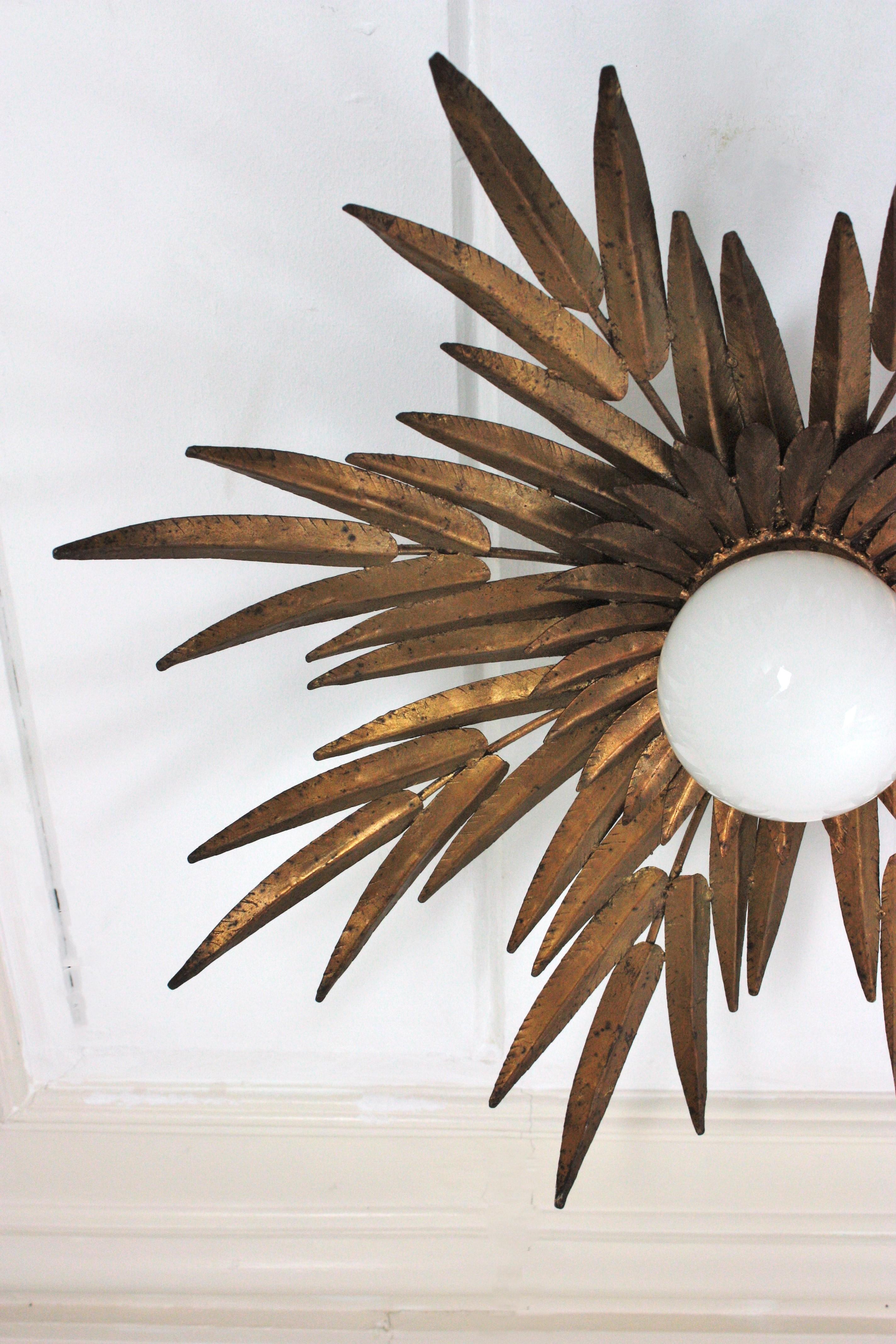 Spanish Foliage Sunburst Light Fixture Chandelier, Gilt Iron & Milk Glass Globe 3