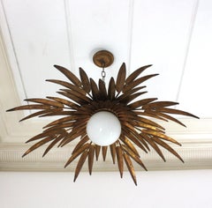 Spanish Foliage Sunburst Light Fixture Chandelier, Gilt Iron & Milk Glass Globe