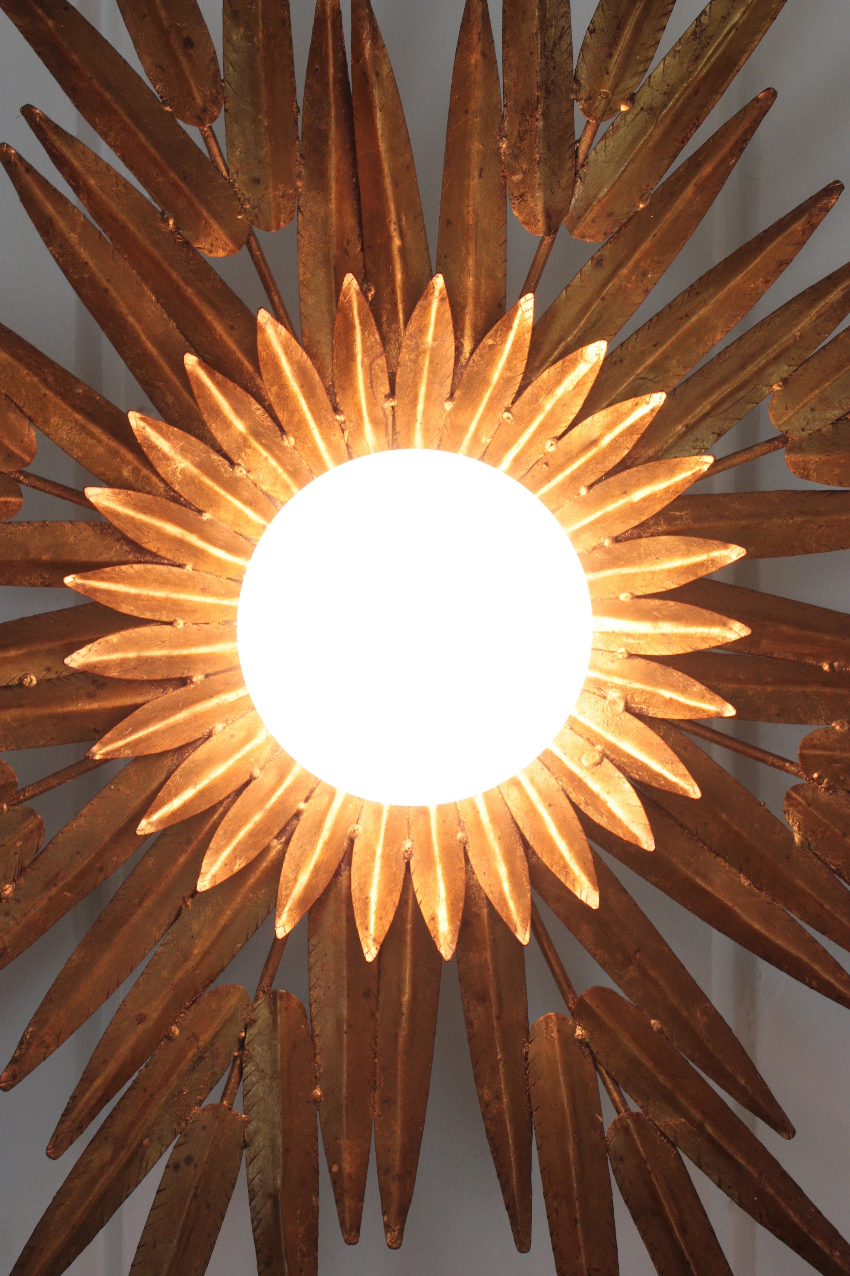 Opaline Glass Spanish Foliage Sunburst Light Fixture Chandelier, Gilt Iron & Milk Glass Globe