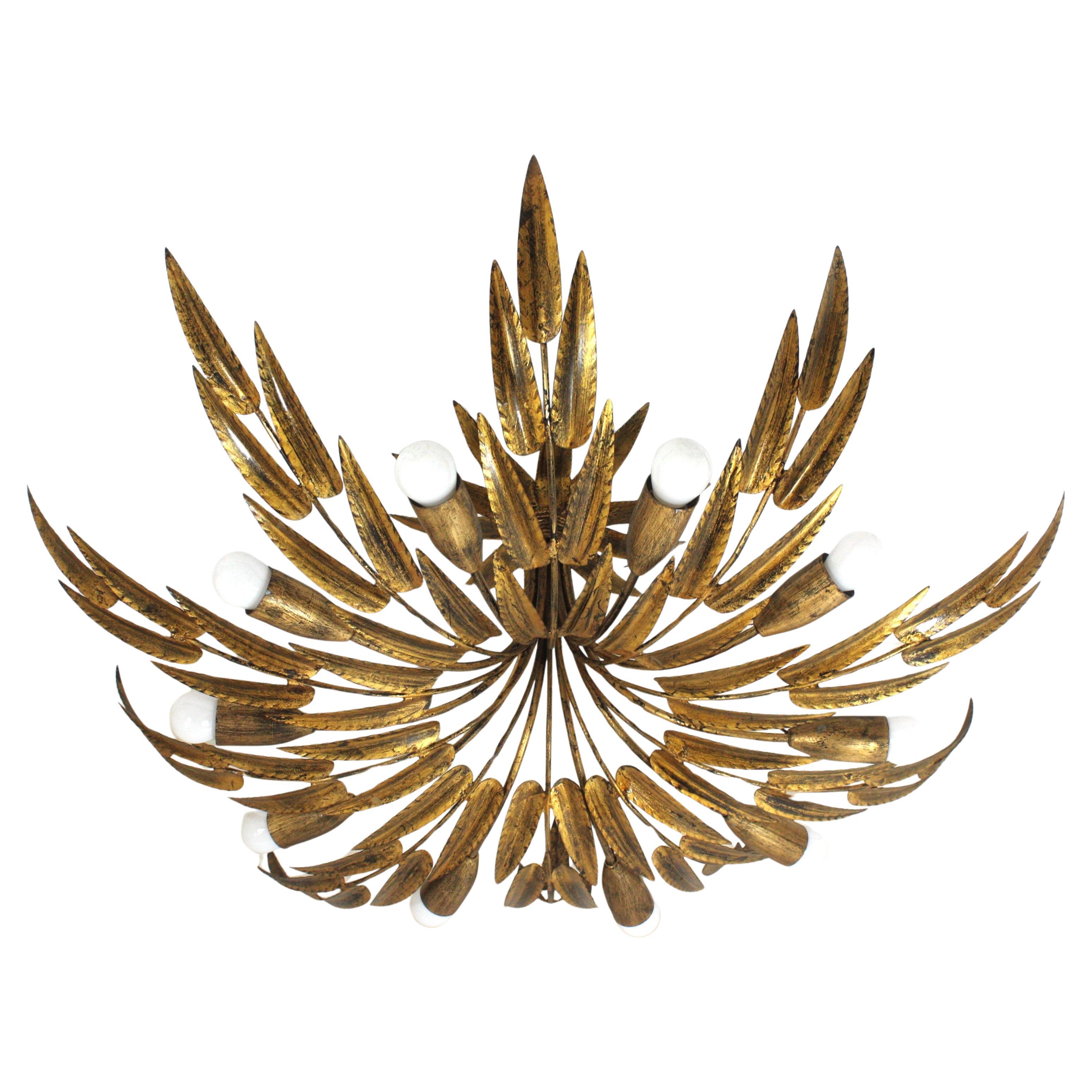 Spanish Foliage Sunburst Light Fixture / Chandelier in Gilt Iron, 10 Lights