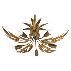 Spanish Foliage Sunburst Light Fixture / Chandelier in Gilt Iron, 5 Lights
