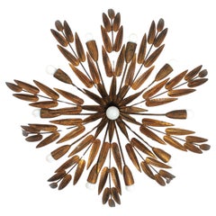 Spanish Foliage Sunburst Light Fixture / Chandelier in Gilt Iron