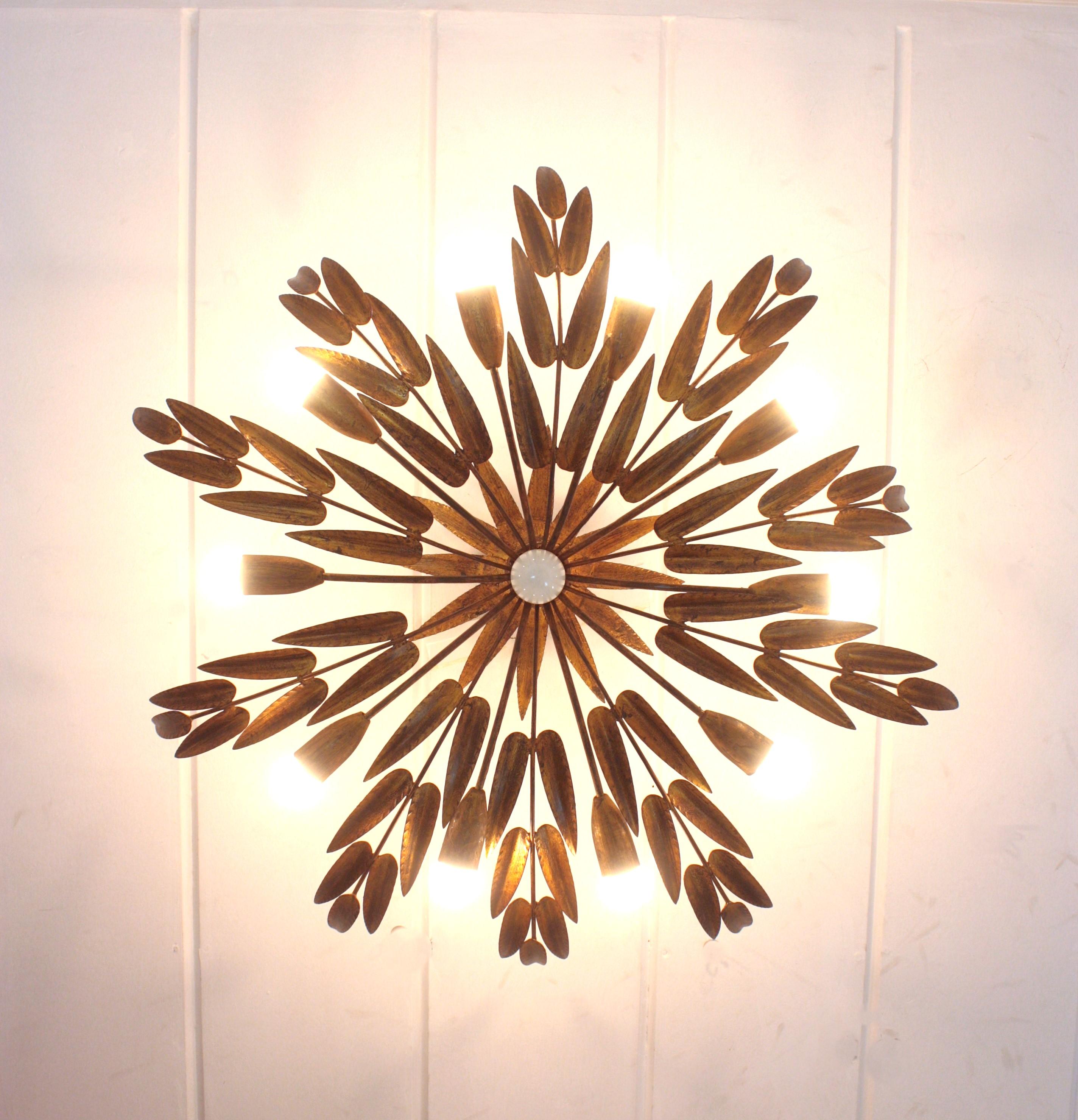 Spanish Foliage Sunburst Light Fixture / Chandelier in Gilt Iron 13