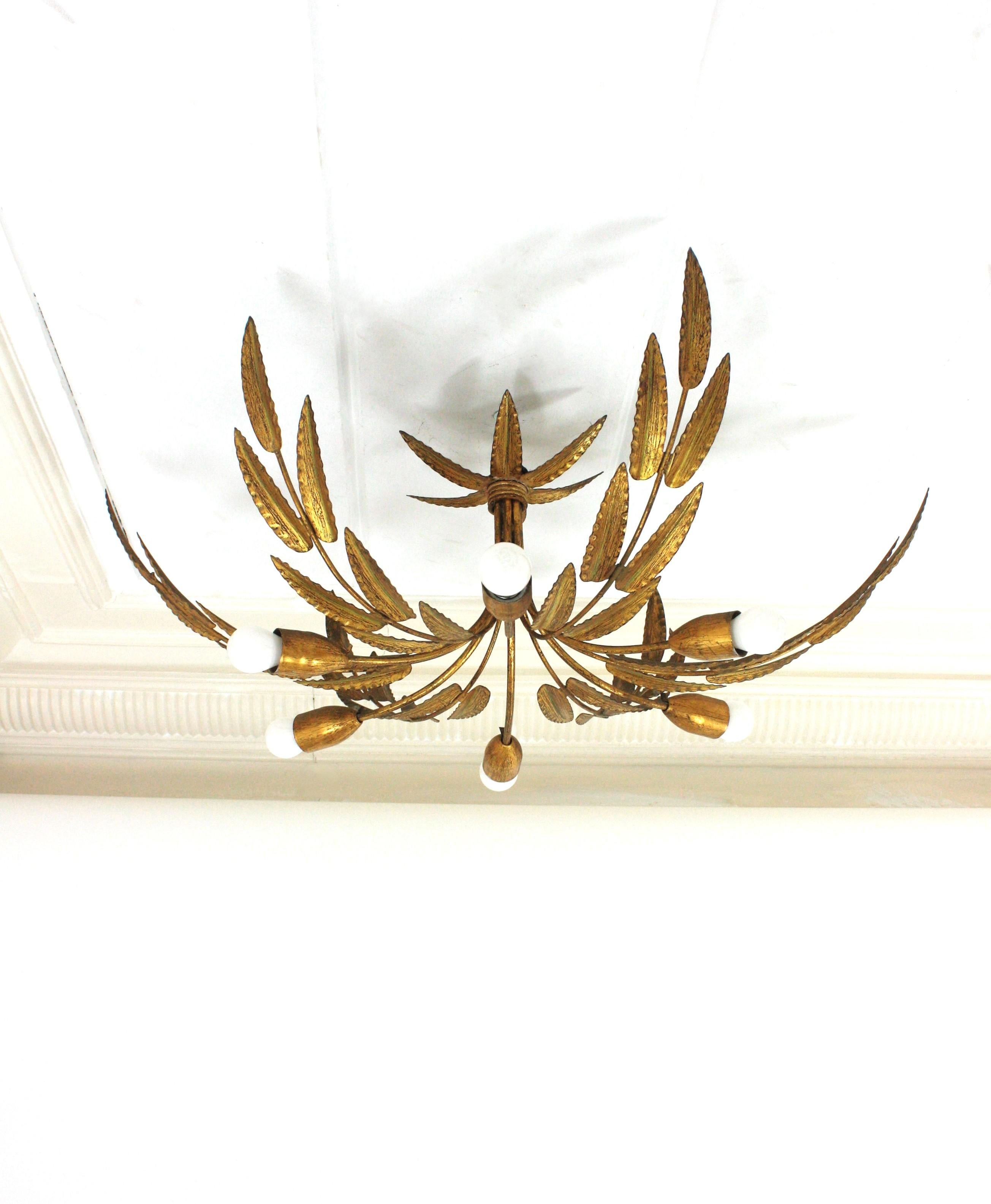 Spanish XL Sunburst Foliage Light Fixture / Chandelier in Gilt Iron, 6 Lights 6