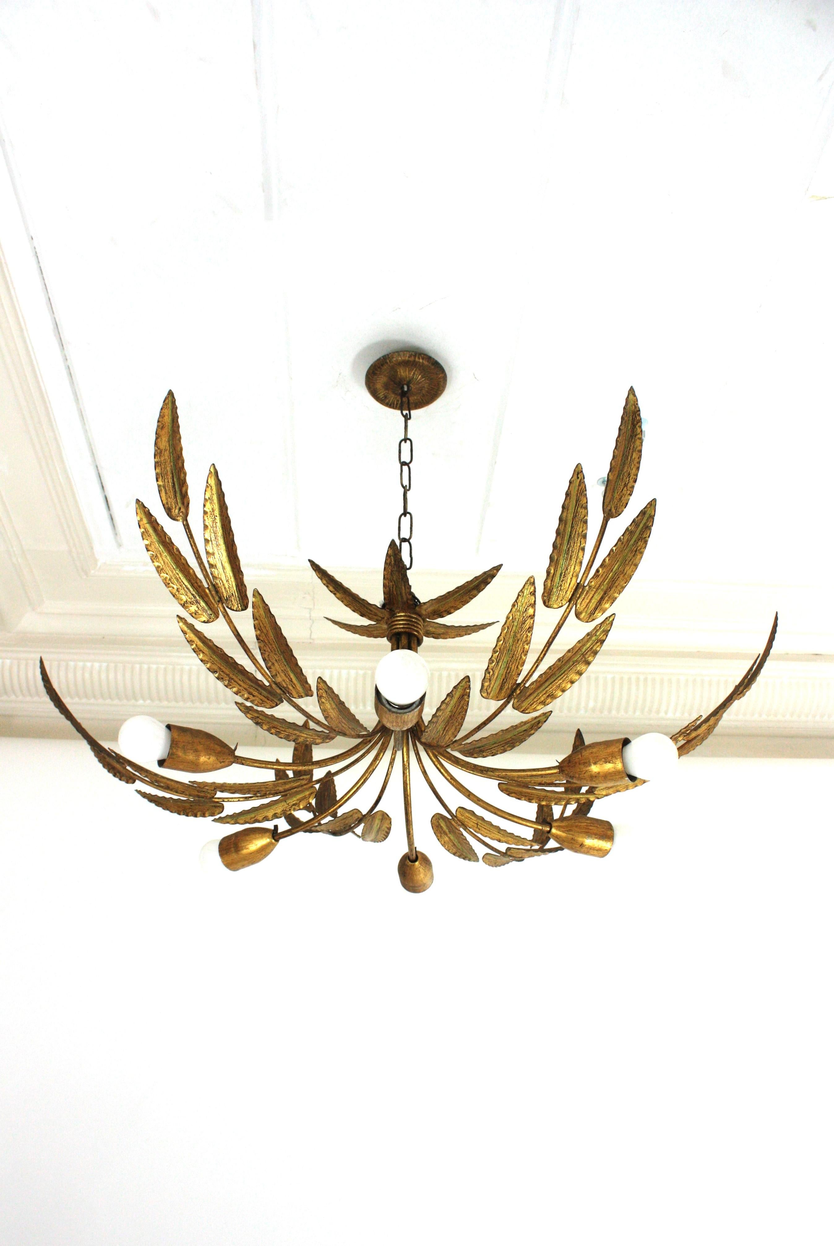 Spanish XL Sunburst Foliage Light Fixture / Chandelier in Gilt Iron, 6 Lights For Sale 7