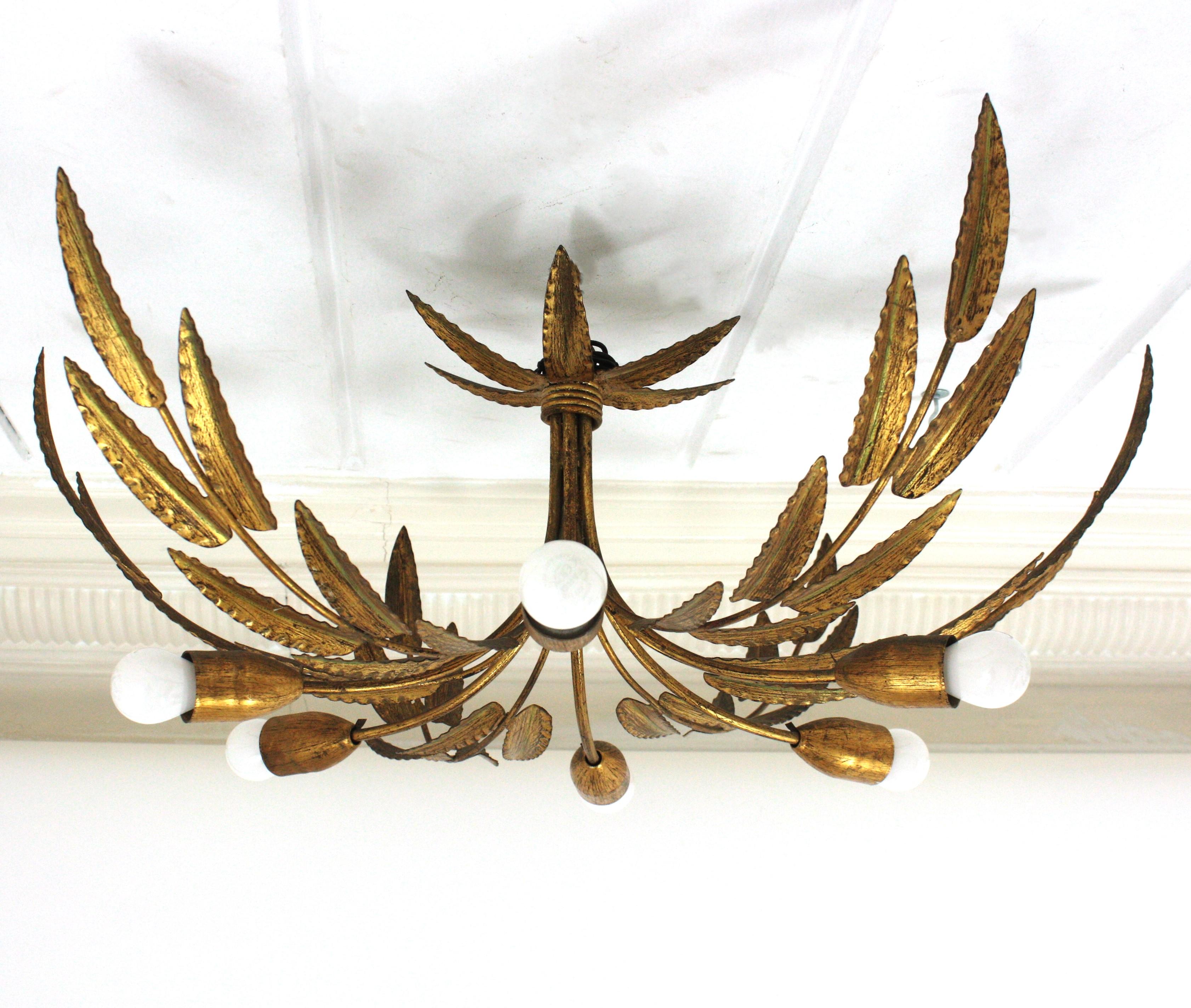 Spanish XL Sunburst Foliage Light Fixture / Chandelier in Gilt Iron, 6 Lights 11