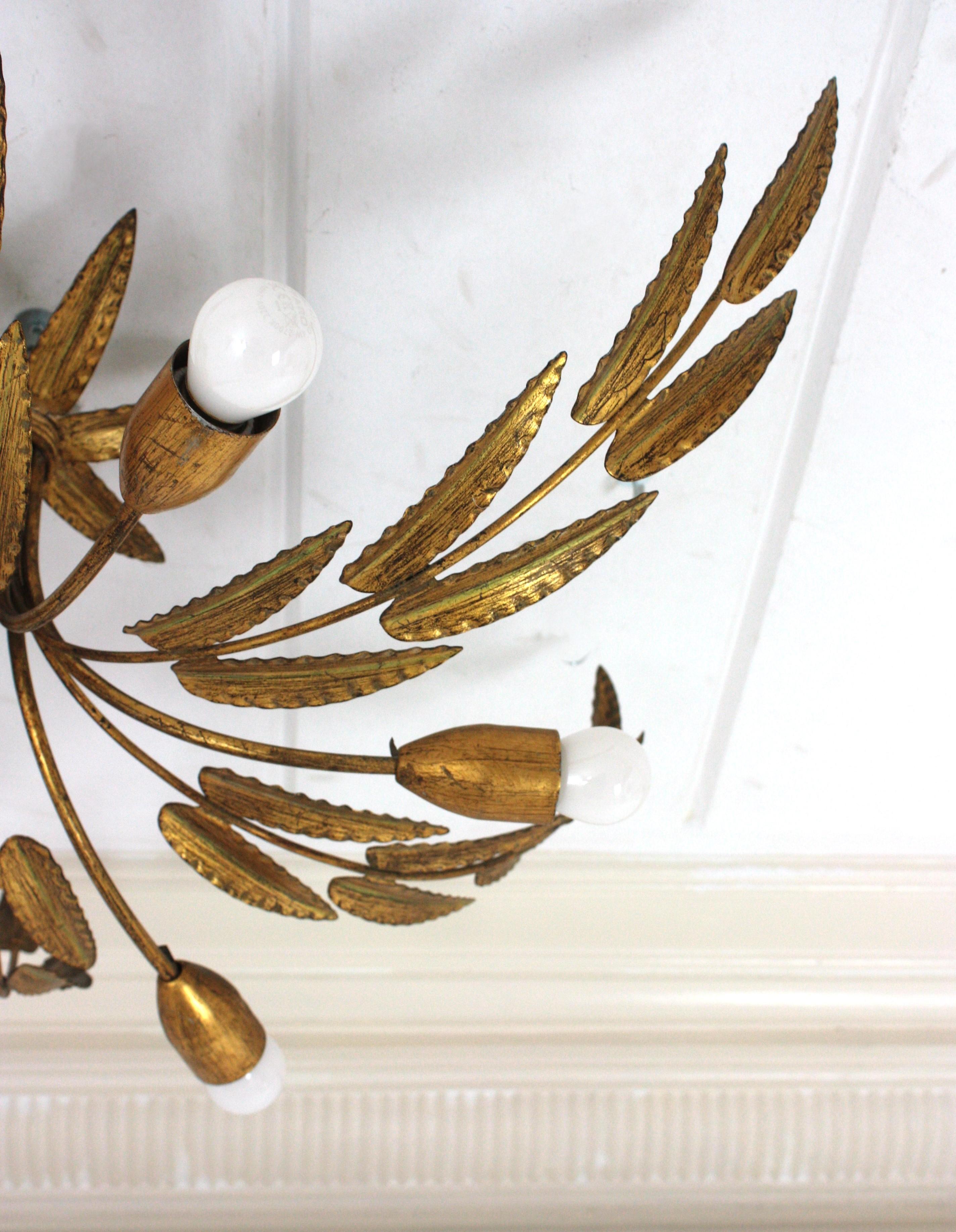 Spanish XL Sunburst Foliage Light Fixture / Chandelier in Gilt Iron, 6 Lights 13