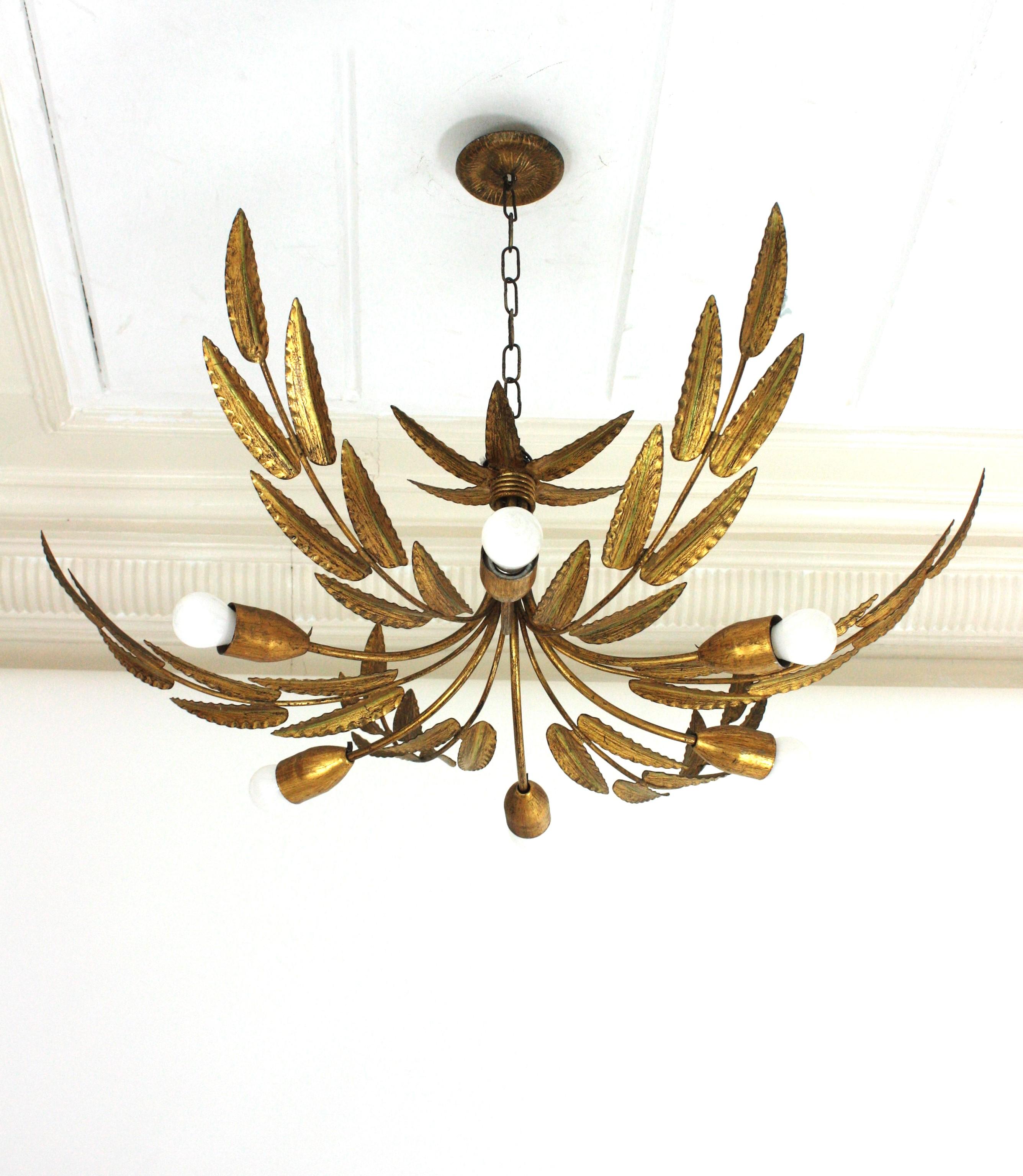 Brutalist Spanish XL Sunburst Foliage Light Fixture / Chandelier in Gilt Iron, 6 Lights