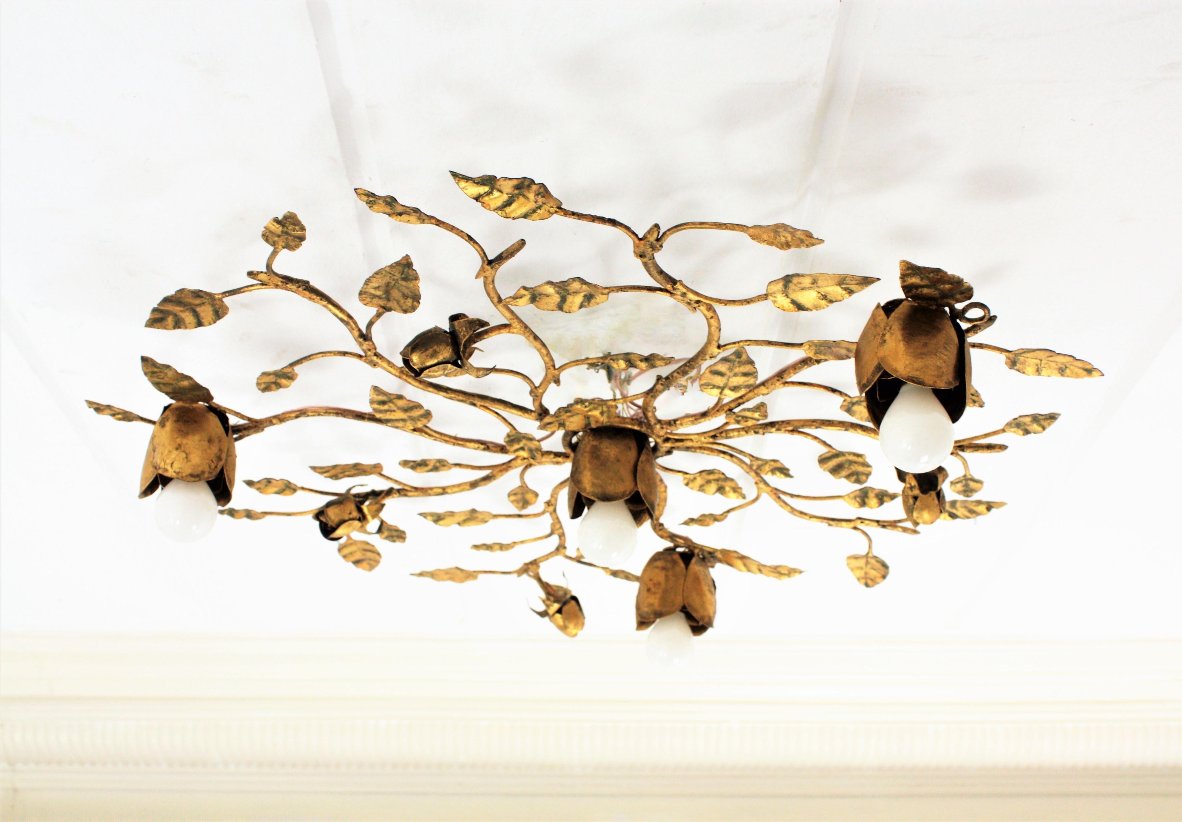 Spanish Foliage Floral Ceiling Light Fixture or Wall Sconce in Gilt Iron 4