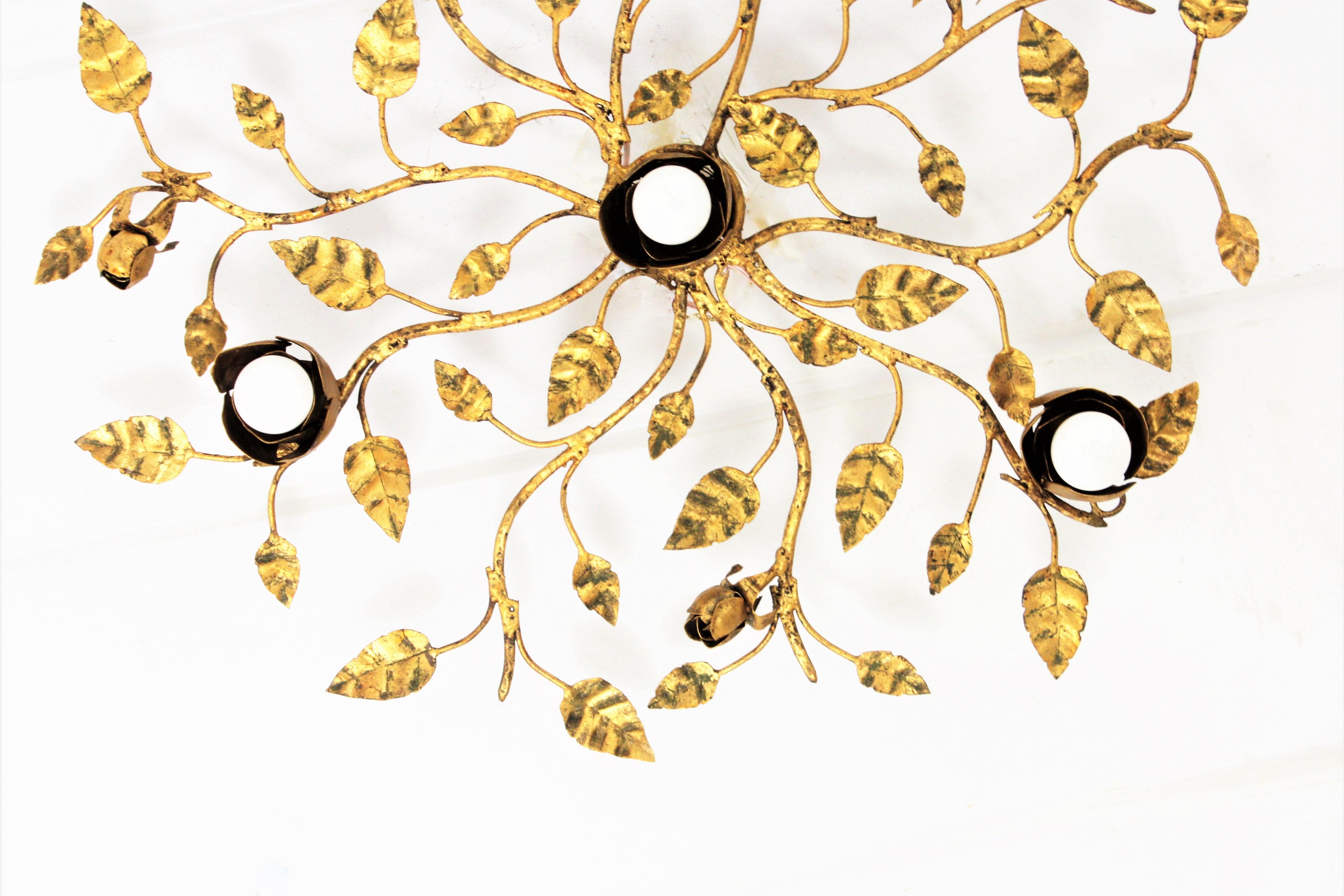 Mid-Century Modern Spanish Foliage Floral Ceiling Light Fixture or Wall Sconce in Gilt Iron