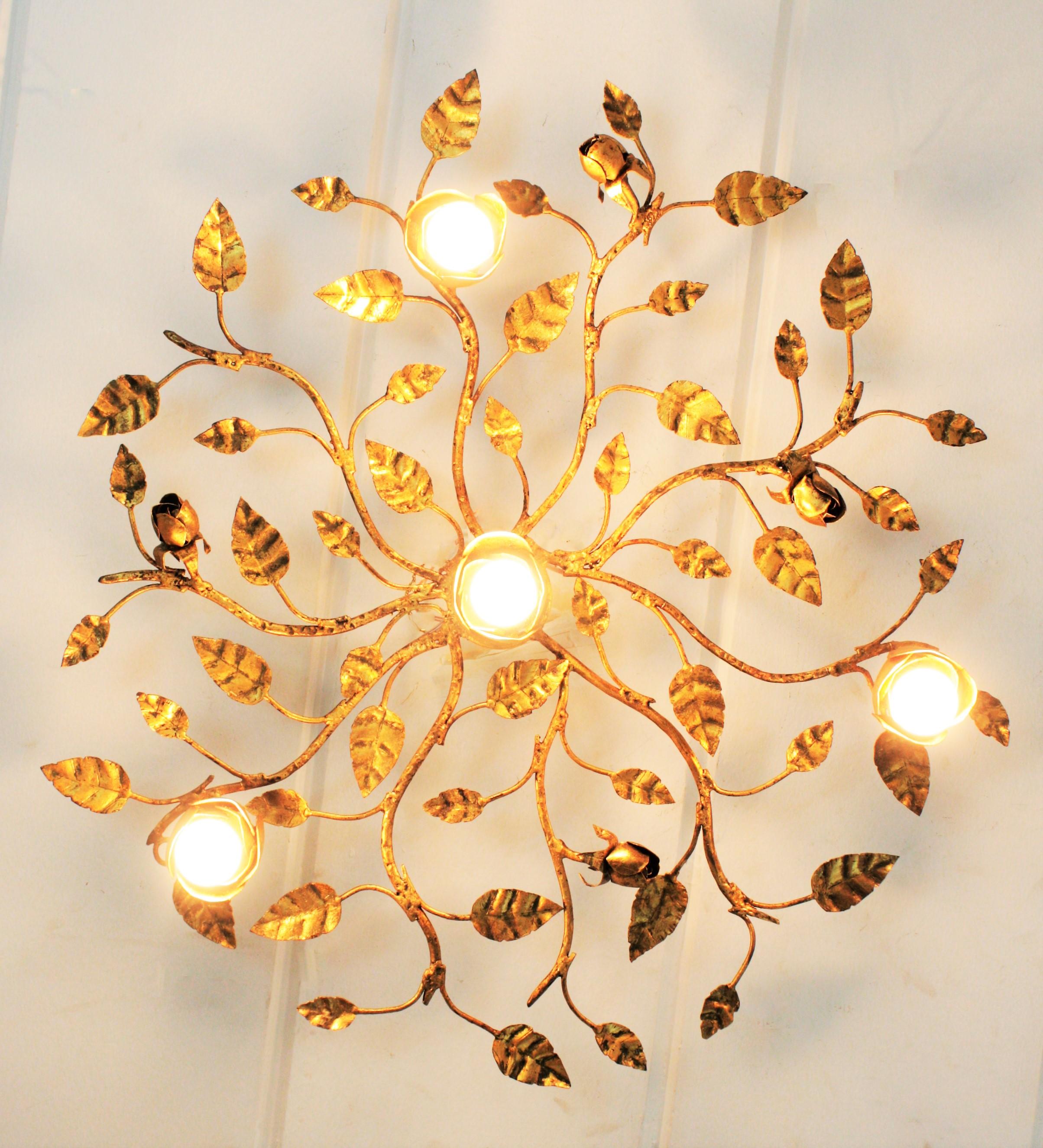 20th Century Spanish Foliage Floral Ceiling Light Fixture or Wall Sconce in Gilt Iron